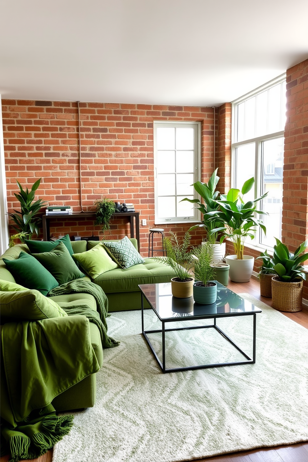 Layered green fabrics create a cozy and inviting atmosphere in the basement. Plush green cushions and throws are arranged on a deep-seated sectional sofa, complemented by a soft area rug that ties the room together. The basement features a modern design with exposed brick walls and large windows that allow natural light to filter in. A sleek coffee table sits at the center, surrounded by greenery in decorative pots to enhance the fresh, vibrant feel of the space.