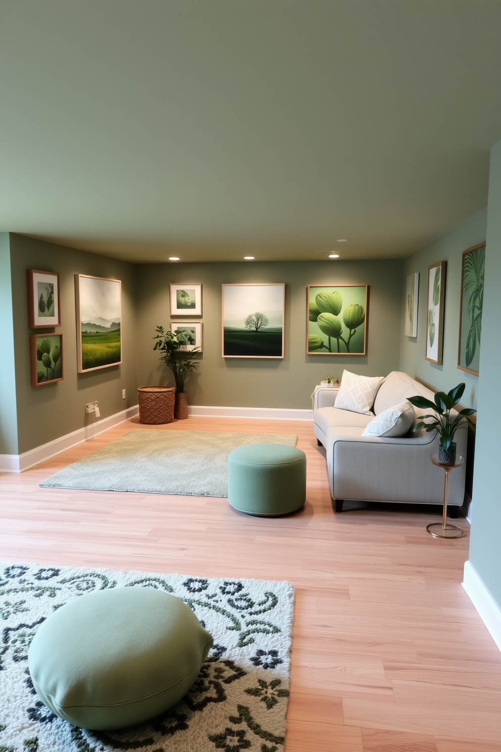 A serene basement space featuring a muted green color palette. The walls are adorned with various green-themed artworks that serve as focal points, creating a cohesive and inviting atmosphere. The flooring is a combination of natural wood and plush area rugs in shades of green. Comfortable seating areas are arranged to encourage relaxation, complemented by soft lighting that enhances the overall ambiance.