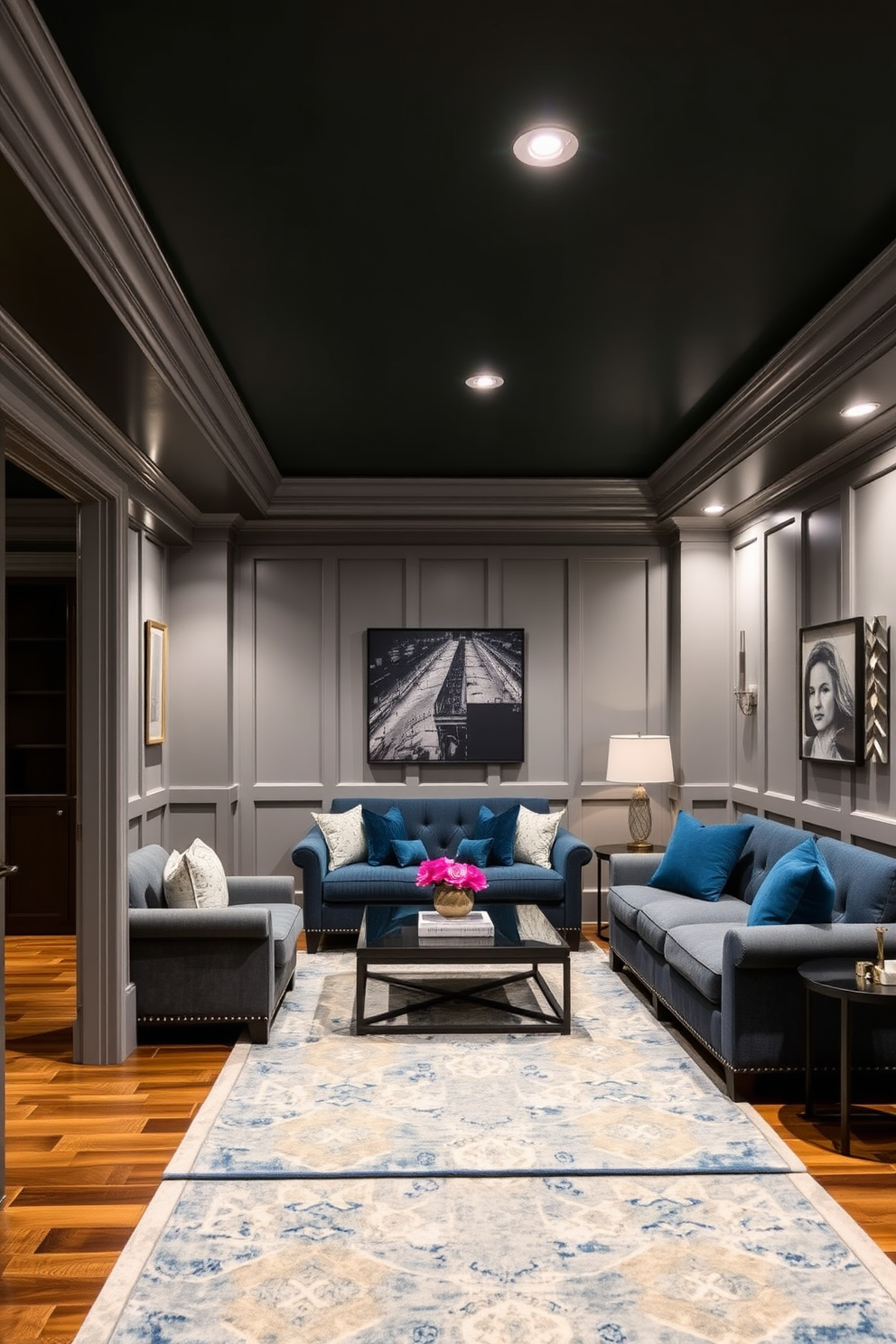 A dark green painted ceiling creates a sense of depth and elegance in the basement. The walls are adorned with soft gray paneling, and the flooring features rich hardwood for warmth. Incorporate plush seating with deep blue and gold accents to create a cozy yet sophisticated atmosphere. Add a large area rug with geometric patterns to unify the space and enhance comfort.