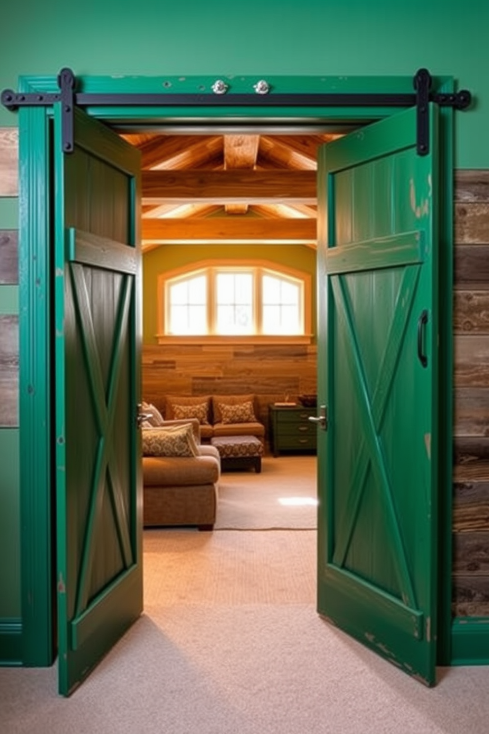 Rustic green barn doors add character to the space, providing a warm and inviting entrance. The basement features exposed wooden beams and a cozy seating area with plush furniture, creating a perfect retreat. Natural light filters in through strategically placed windows, illuminating the earthy tones of the decor. The walls are adorned with reclaimed wood accents, enhancing the rustic charm of the green basement design.