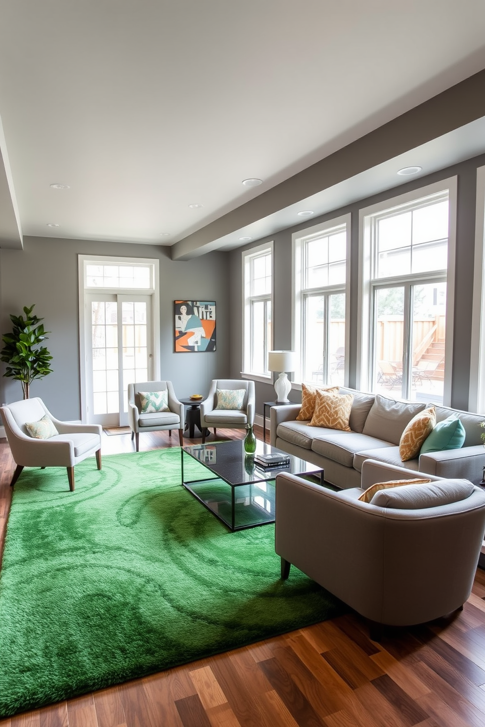 A cozy basement retreat featuring an emerald green area rug that adds warmth and comfort to the space. The walls are painted in a soft gray, and large windows allow natural light to fill the room, creating an inviting atmosphere. In one corner, a plush sectional sofa is adorned with colorful throw pillows that complement the rug. A sleek coffee table sits in the center, surrounded by stylish accent chairs, perfect for relaxation and entertainment.