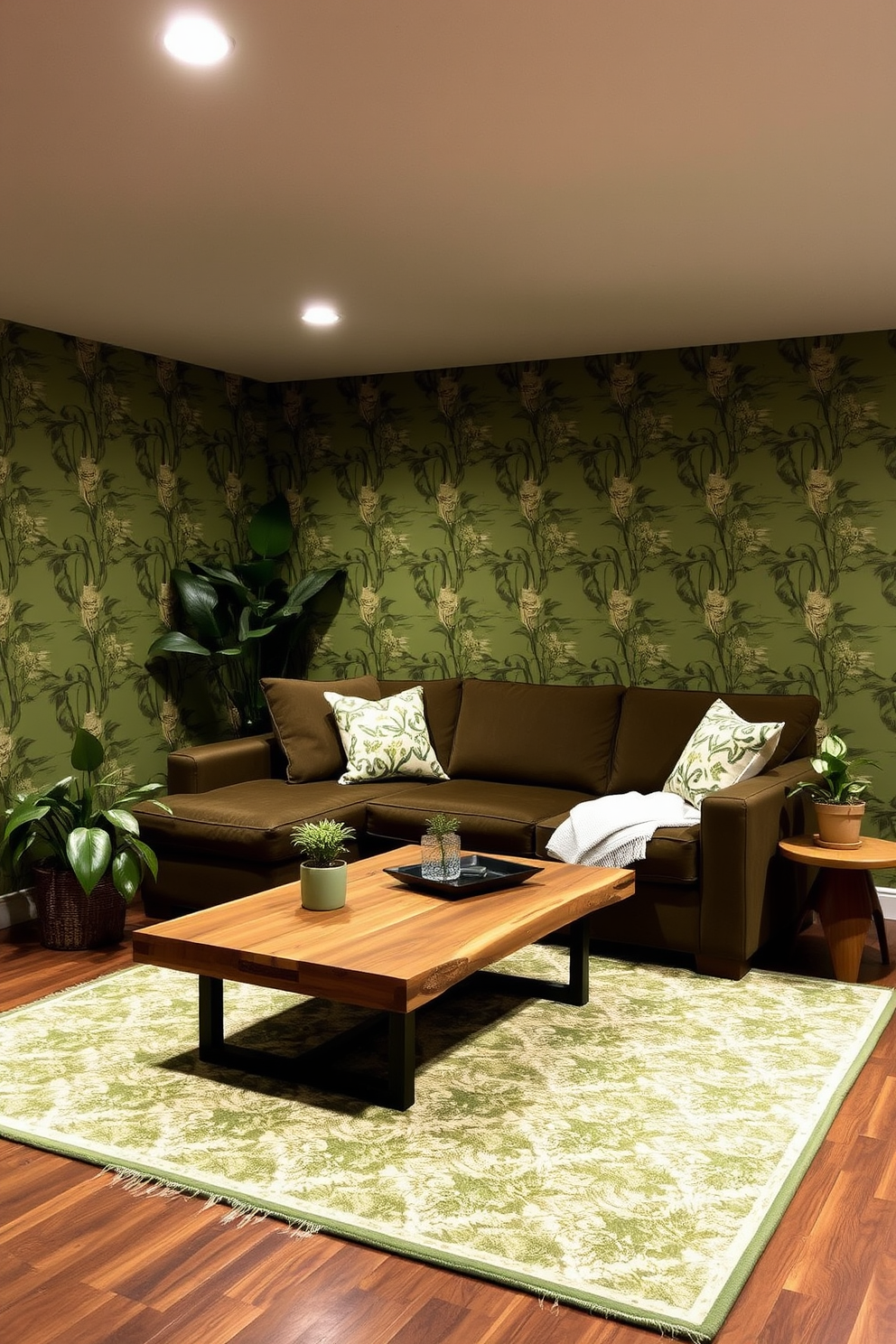 A cozy basement retreat featuring green wallpaper adorned with botanical prints. The space includes a plush sectional sofa and a coffee table made of reclaimed wood, creating a warm and inviting atmosphere. Soft ambient lighting highlights the intricate patterns of the wallpaper, while potted plants add a touch of nature. A stylish area rug anchors the seating area, complementing the overall green theme.