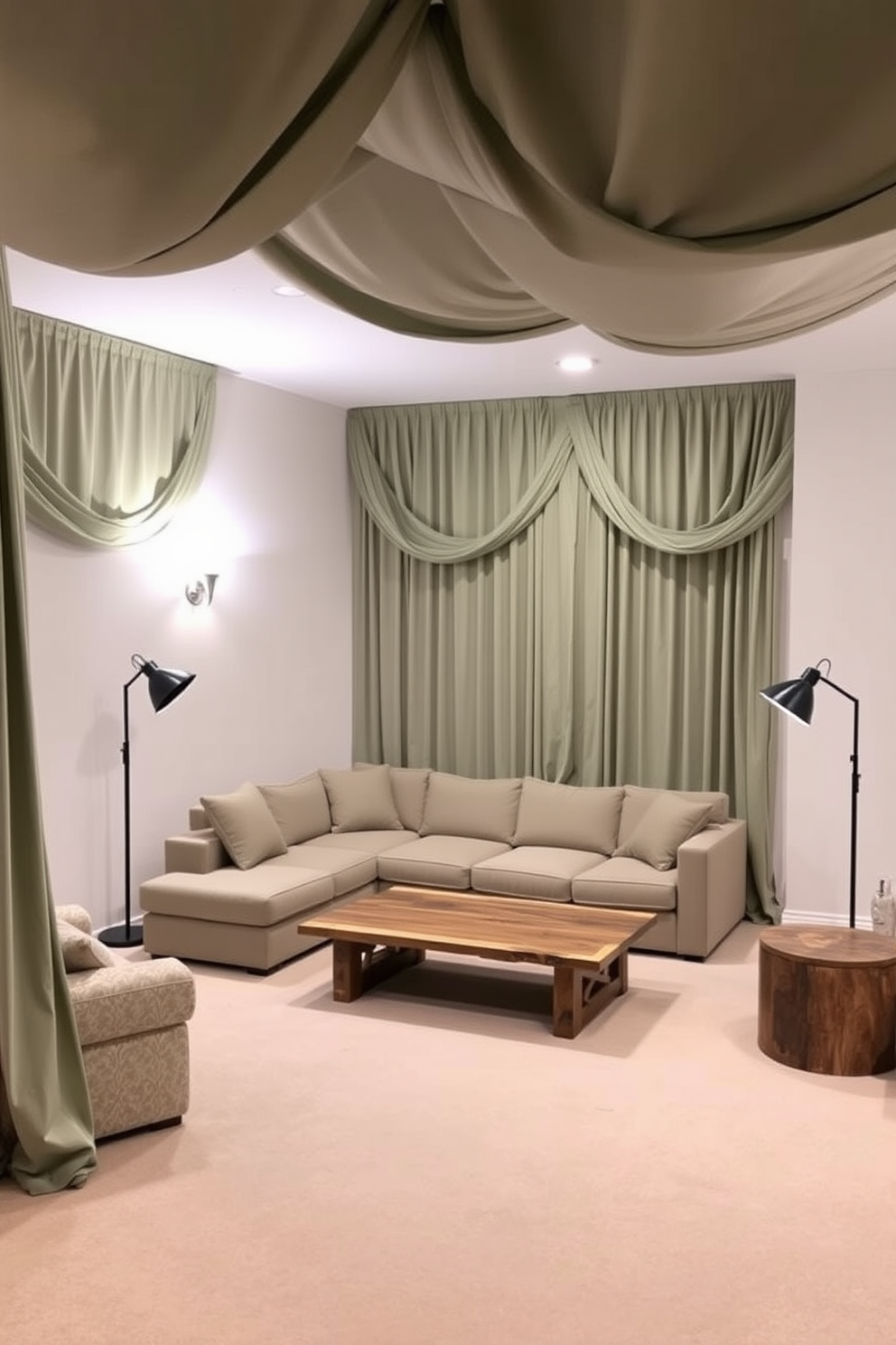 A cozy basement space featuring sage green curtains that drape elegantly from ceiling to floor. The walls are painted a light neutral color, creating a bright and inviting atmosphere. In the center, a plush sectional sofa in a complementary shade offers comfortable seating. A rustic coffee table made of reclaimed wood adds warmth, while soft lighting from stylish floor lamps enhances the ambiance.