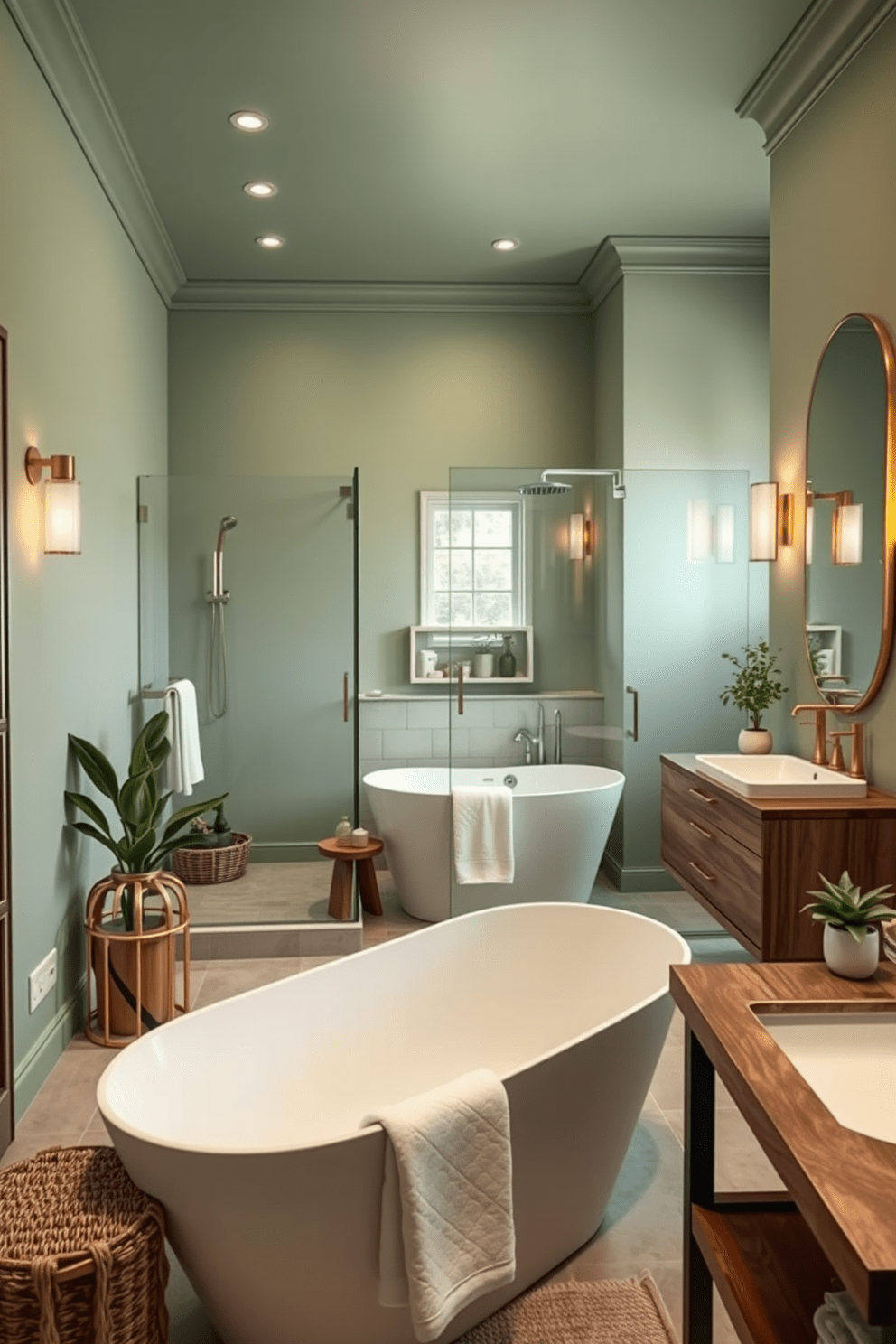 A serene bathroom oasis featuring sage green walls that evoke a calming atmosphere. The space includes elegant fixtures and natural materials to enhance the overall tranquility. The centerpiece is a freestanding soaking tub adorned with soft white towels. Accents of gold and brass in the lighting and hardware provide a touch of luxury. A spacious walk-in shower showcases a seamless glass enclosure and a rain showerhead. Natural wood elements, such as a floating vanity, add warmth to the design. Decorative plants and soft textiles create a harmonious and inviting environment. The overall aesthetic promotes relaxation and rejuvenation.