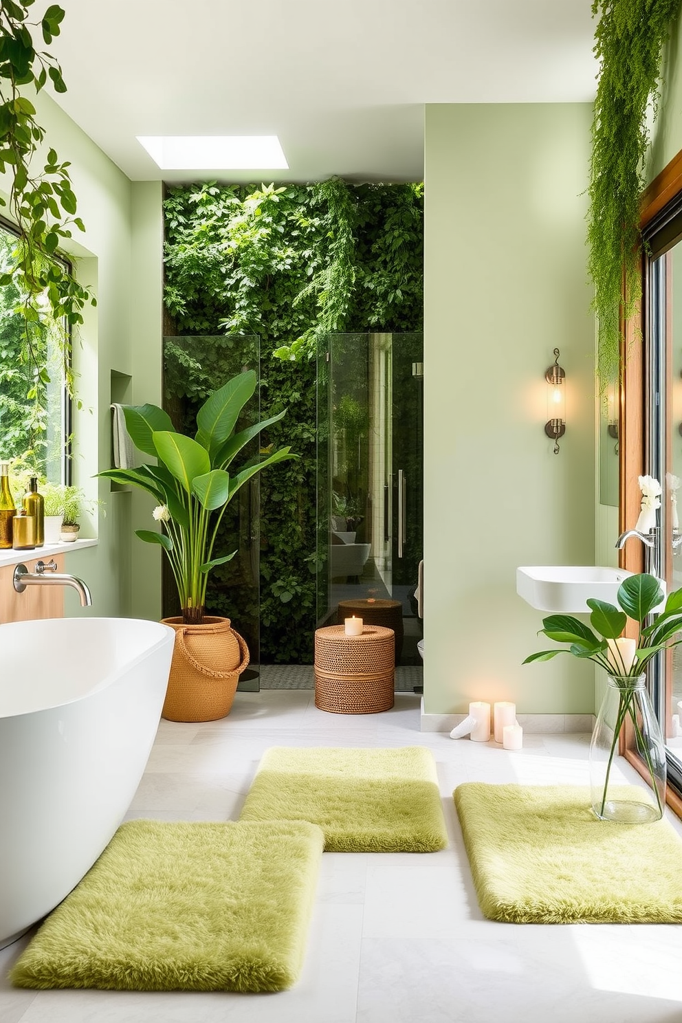 A serene bathroom oasis featuring soft green bath mats that provide comfort underfoot. The walls are adorned in a pale green hue, complemented by lush greenery and natural wood accents throughout the space. The design incorporates elegant fixtures and a spacious shower area with glass doors. Decorative elements include candles and a stylish plant to enhance the tranquil atmosphere.