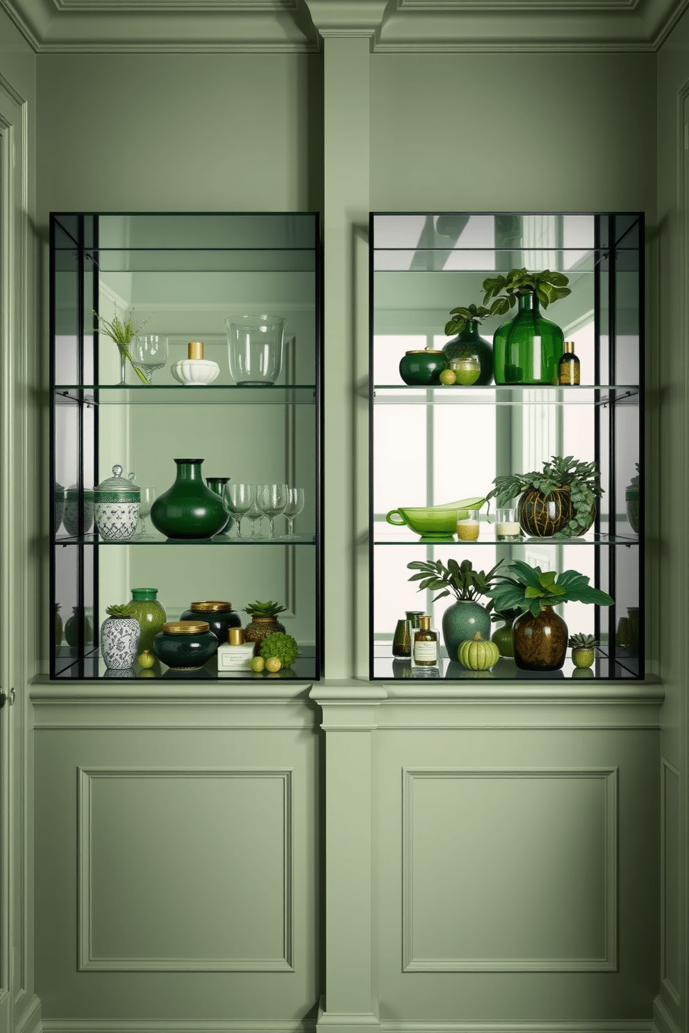 A serene green bathroom featuring elegant glass shelves that display an array of lush green decor items. The walls are painted in a soft sage green, creating a calming atmosphere that complements the vibrant accents.