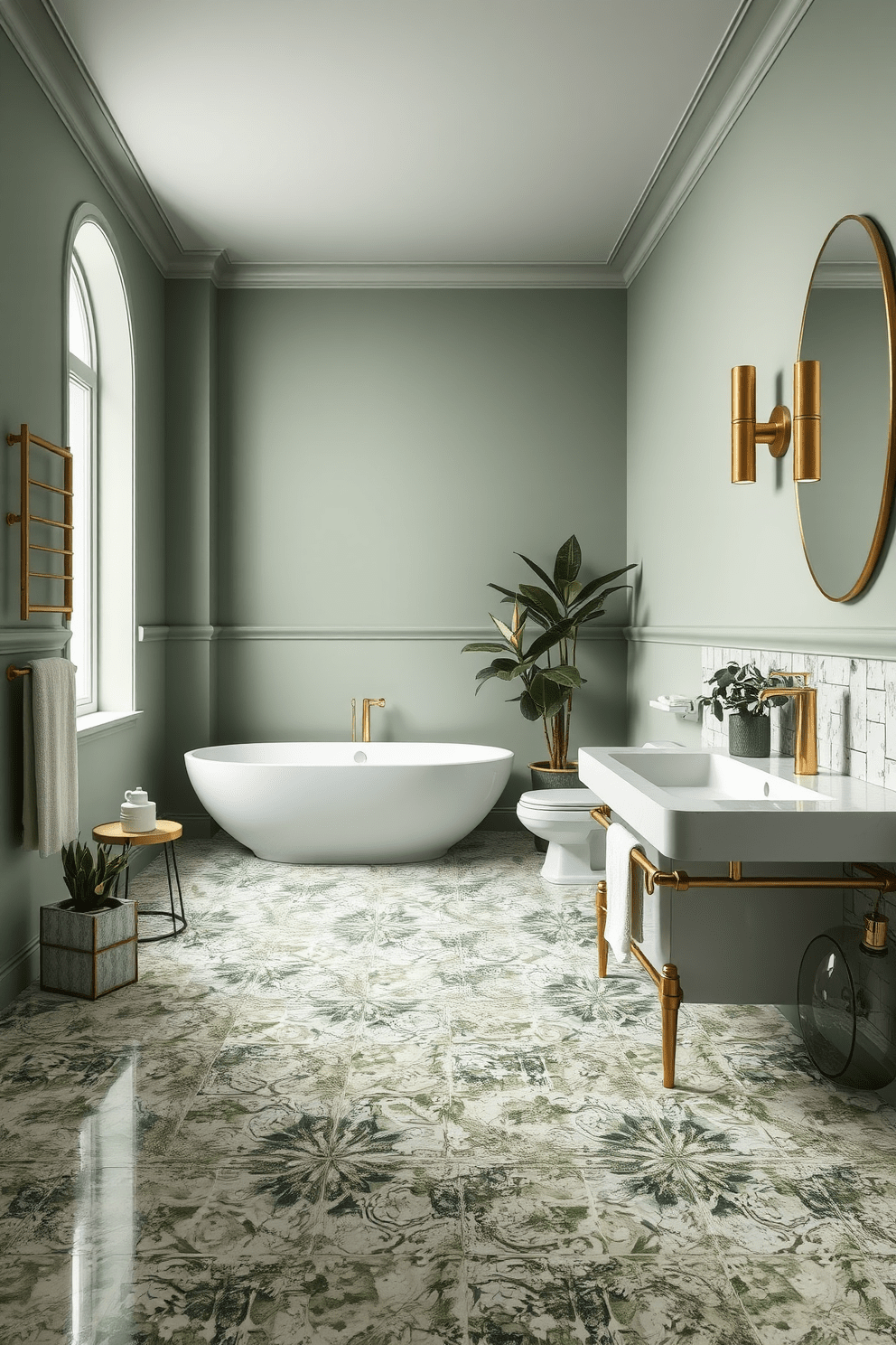 A stunning bathroom featuring terrazzo flooring adorned with green speckles that add a vibrant touch to the space. The walls are painted in a soft, complementary shade of green, creating a harmonious and relaxing atmosphere. Incorporate sleek fixtures in brushed gold for a modern touch, paired with a freestanding bathtub that serves as a focal point. Add lush greenery through potted plants to enhance the natural vibe of the design.