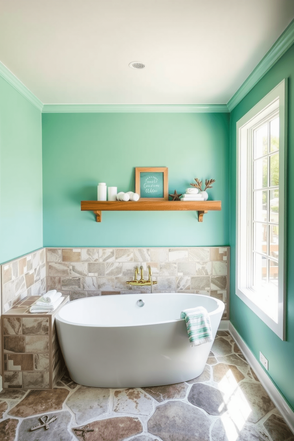 A serene bathroom space featuring aqua green walls that evoke a refreshing beachy atmosphere. The design includes a freestanding soaking tub surrounded by natural stone tiles, creating a calming retreat. Incorporate a wooden shelf adorned with coastal decor and soft towels for added warmth. A large window allows natural light to flood in, enhancing the tranquil ambiance of the room.