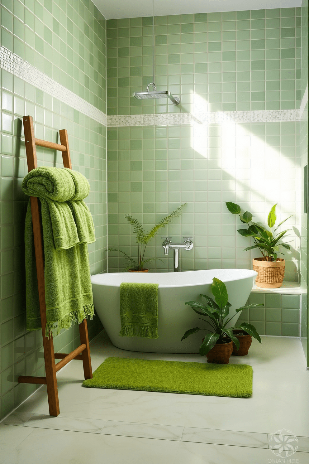 A serene green bathroom oasis featuring lush green towels neatly arranged on a wooden towel rack. The walls are adorned with soft green tiles, and a freestanding soaking tub sits in the center, surrounded by potted plants for a spa-like atmosphere.