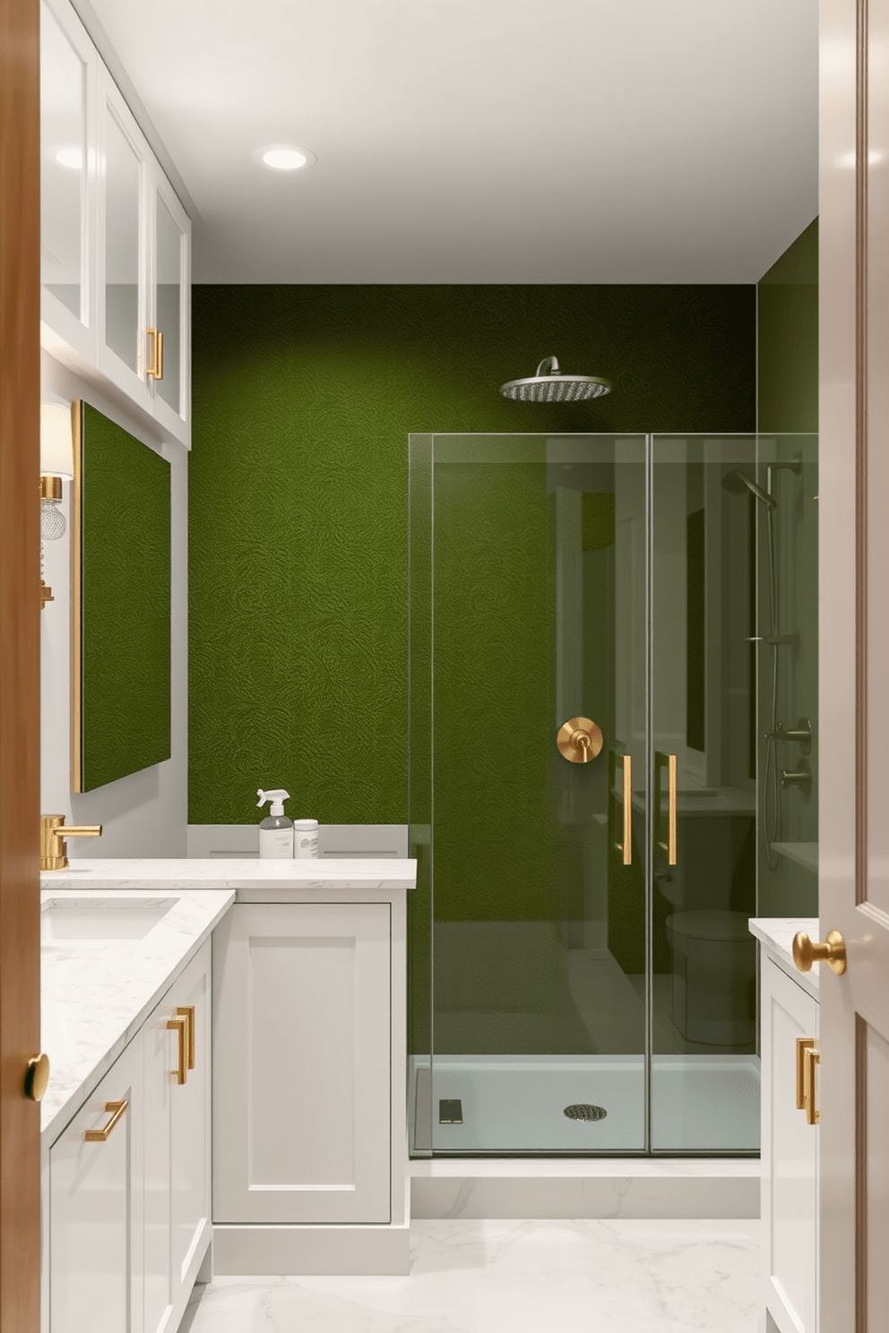 A serene bathroom featuring a moss green accent wall that adds depth and character. The space is complemented by soft white cabinetry and natural wood accents, creating a harmonious blend of colors. The shower area showcases elegant glass doors and a rainfall showerhead, enhancing the luxurious feel. Subtle gold fixtures and accessories add a touch of sophistication to the overall design.