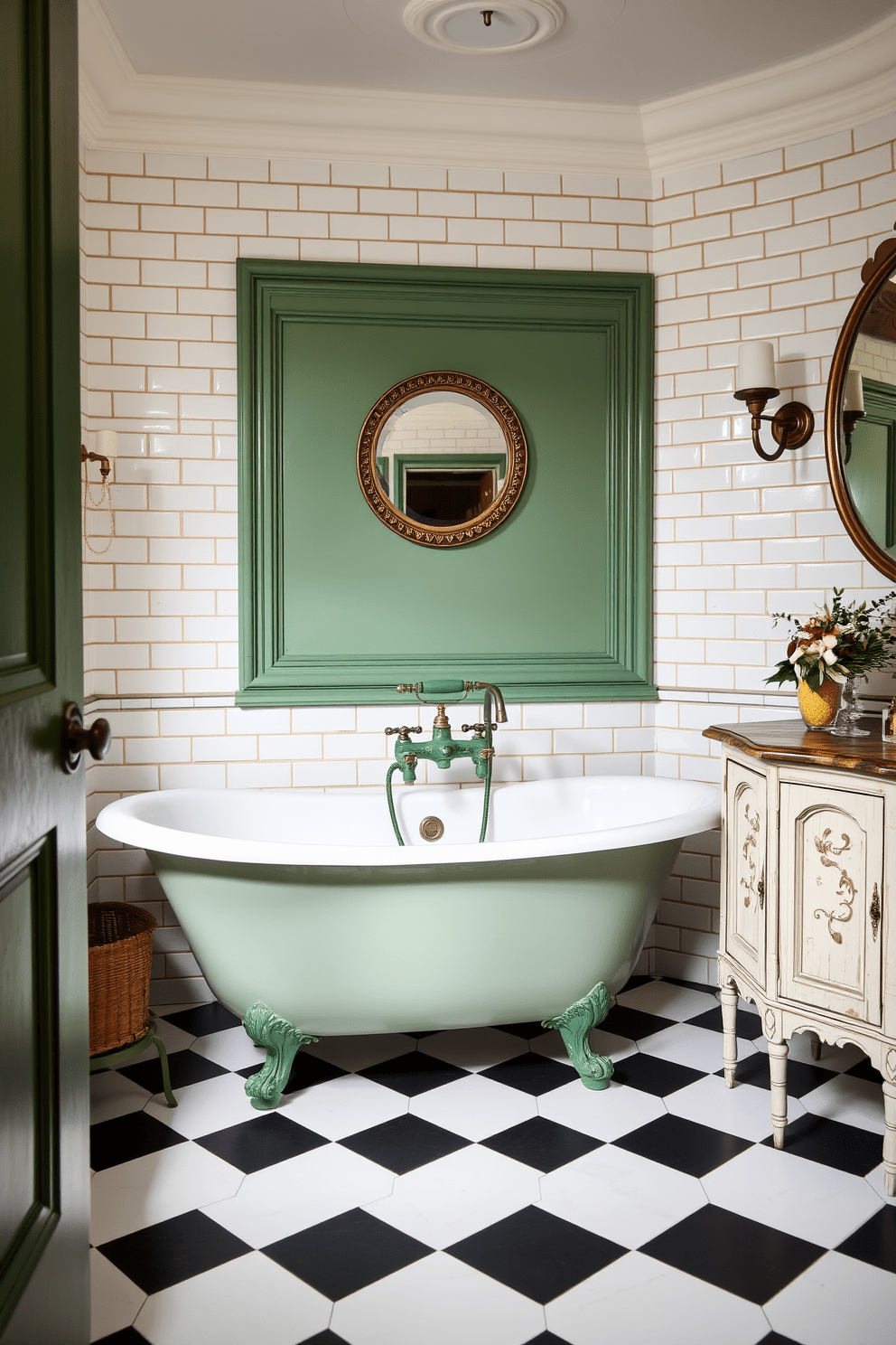 A vintage green bathroom featuring elegant fixtures and retro accents. The walls are adorned with classic white subway tiles, while the floor showcases a checkerboard pattern in black and white. The focal point is a charming freestanding bathtub with vintage green faucets. Complementing the bathtub, a wooden vanity with a distressed finish holds a round mirror framed in antique brass.