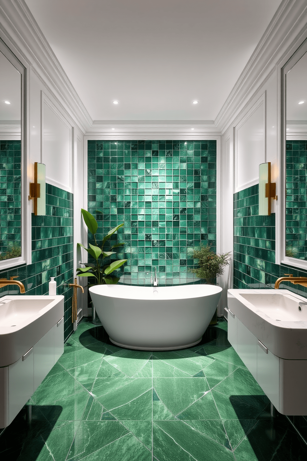 A luxurious green bathroom featuring emerald tiles that create a stunning focal point. The walls are adorned with soft white accents to enhance the richness of the emerald hue. Incorporate a freestanding soaking tub in the center, surrounded by elegant greenery for a spa-like atmosphere. Modern fixtures in brushed gold add a touch of sophistication and warmth to the overall design.