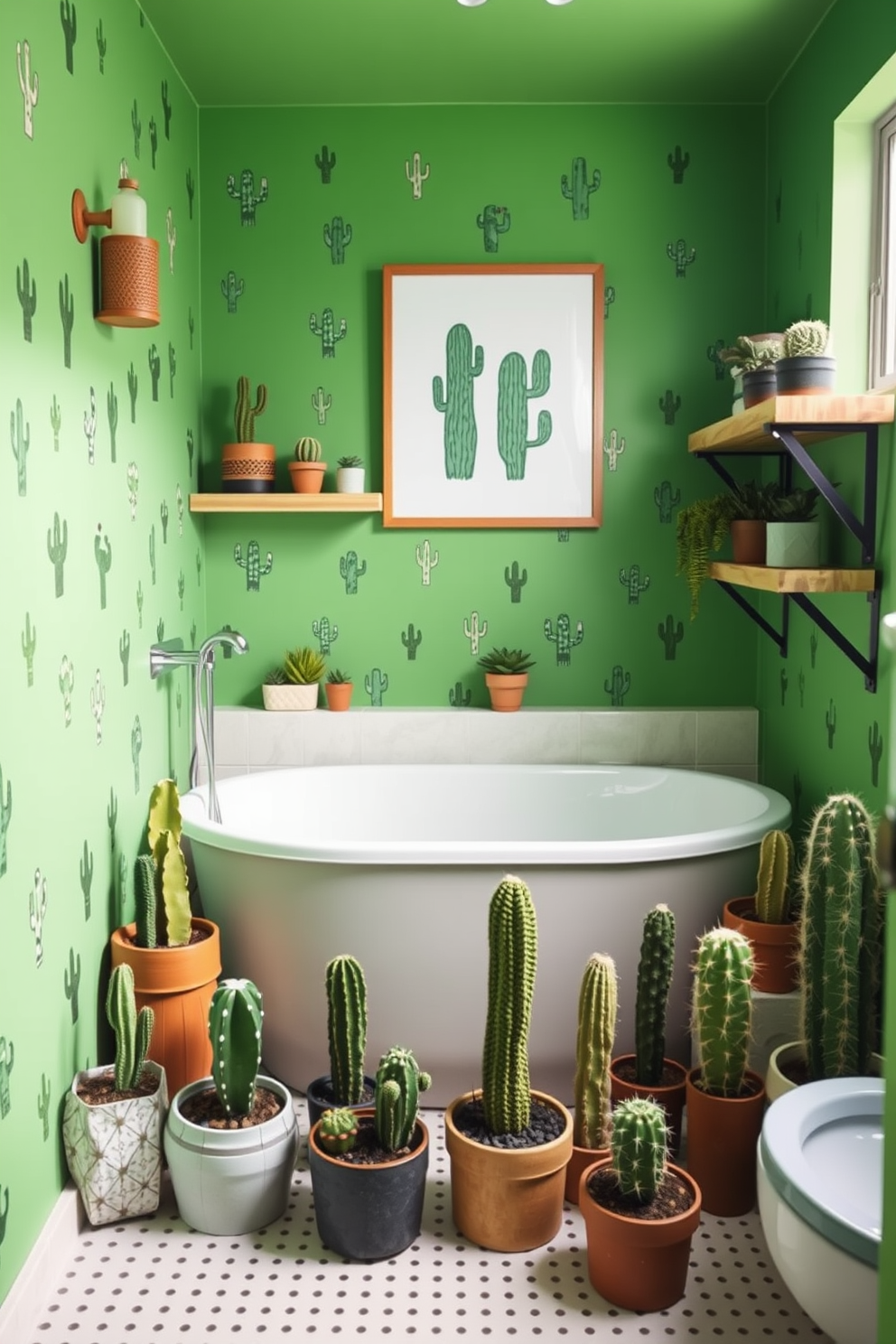 A vibrant green bathroom featuring cactus-themed decor. The walls are painted in a lively shade of green, adorned with playful cactus prints and accents. A sleek white bathtub sits in the center, surrounded by potted cacti of various sizes. Natural wood shelves display decorative items and additional plants, enhancing the playful atmosphere.