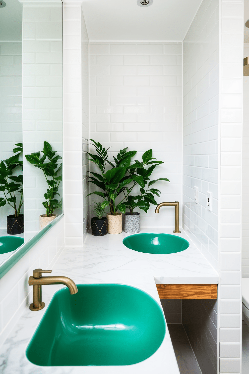 A stunning bathroom featuring jade green sinks that serve as a unique statement piece. The walls are adorned with soft white tiles, creating a fresh and inviting atmosphere. Complementing the sinks, a sleek wooden vanity with a polished marble countertop provides ample space for essentials. Lush greenery in decorative pots enhances the natural feel of the space, making it a serene retreat.