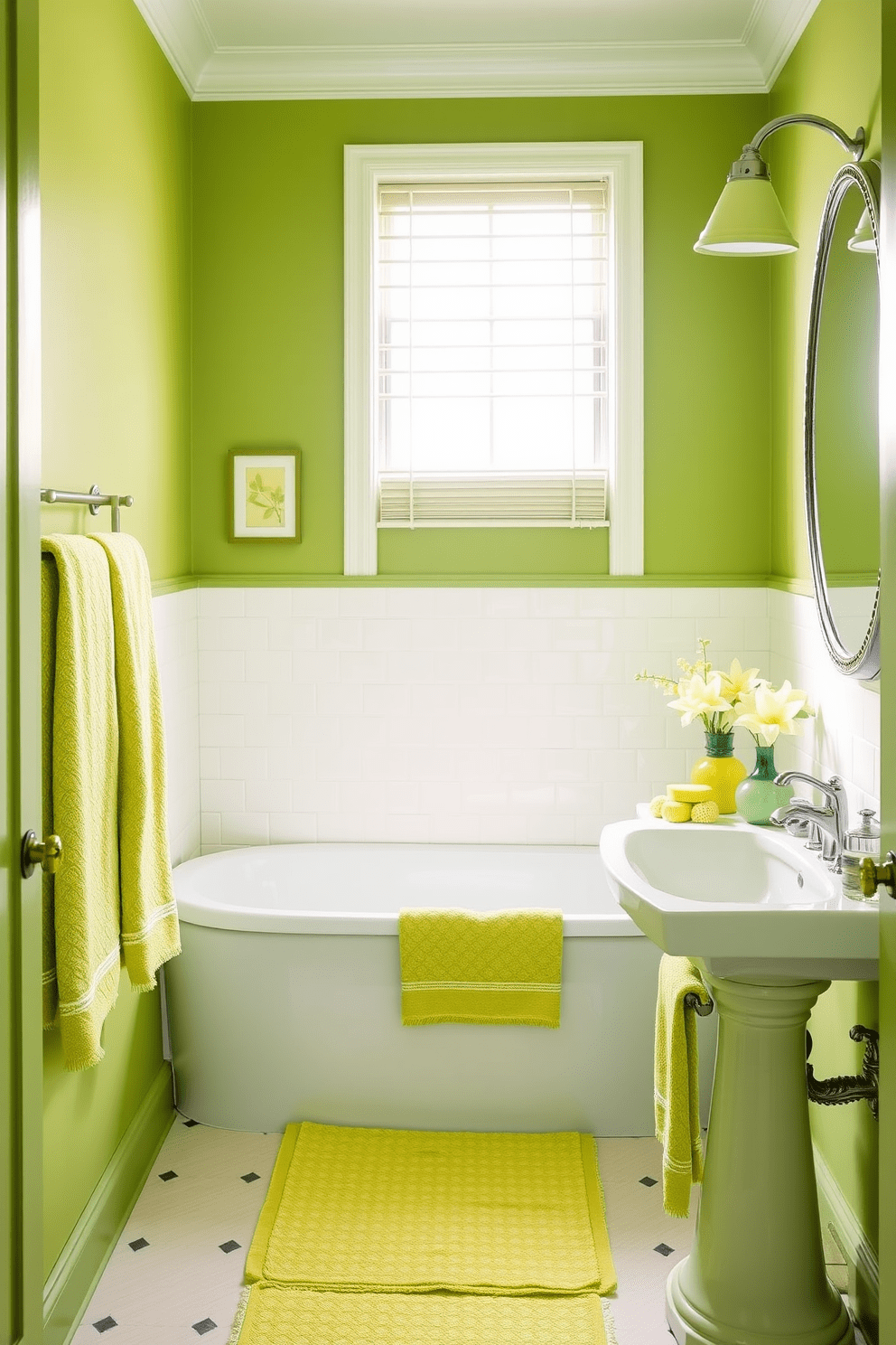 A vibrant green bathroom featuring lime green accessories that add a lively touch. The walls are painted a soft green, complemented by lime green towels and decorative items that enhance the freshness of the space.