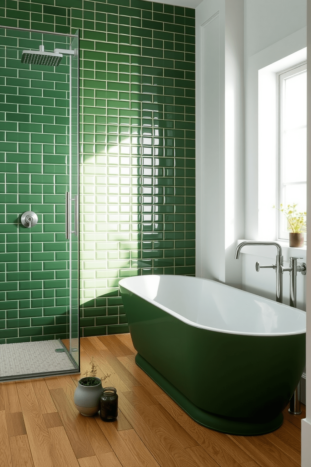 A serene green bathroom setting featuring forest green shower tiles that create a dramatic effect. The walls are adorned with soft white accents, and the floor is finished with natural wood for warmth. A sleek freestanding tub sits against the wall, complemented by a modern chrome faucet. Delicate greenery in decorative pots adds a touch of nature to the space, enhancing the overall tranquility.