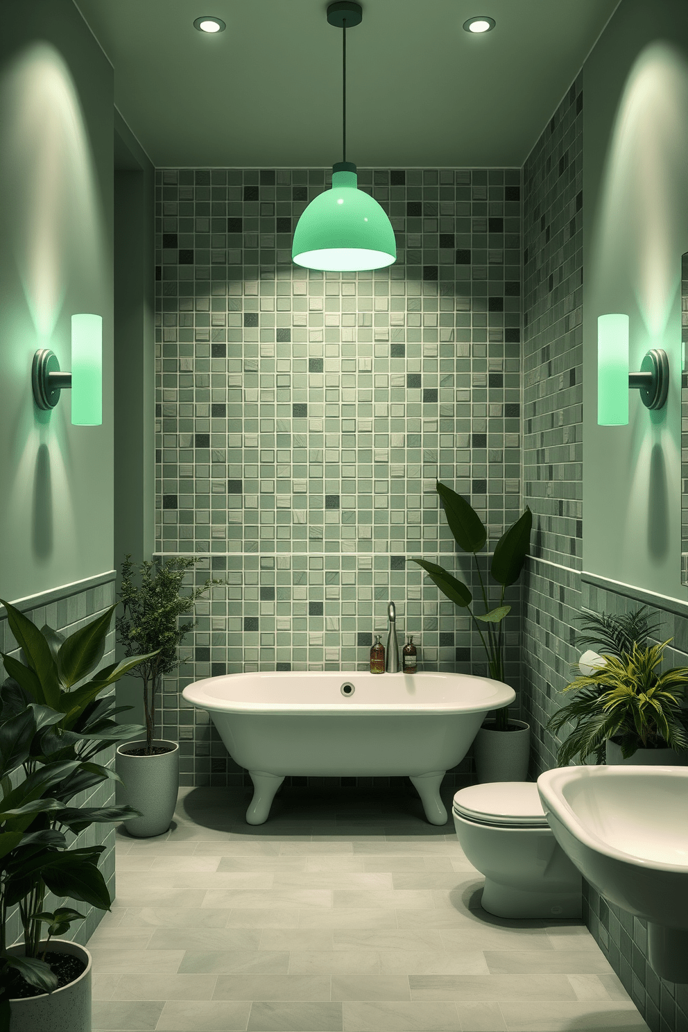 A serene bathroom ambiance featuring pastel green lighting fixtures that cast a soft glow throughout the space. The walls are adorned with elegant tiles in varying shades of green, complemented by lush greenery from potted plants strategically placed around the room.