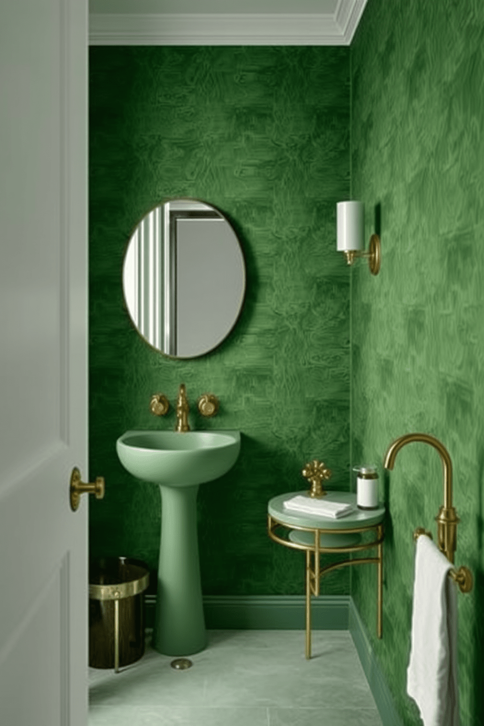 A serene green bathroom setting featuring textured green wallpaper that adds depth and dimension to the space. The design includes elegant fixtures and accents that harmonize with the lush green tones, creating a tranquil atmosphere.