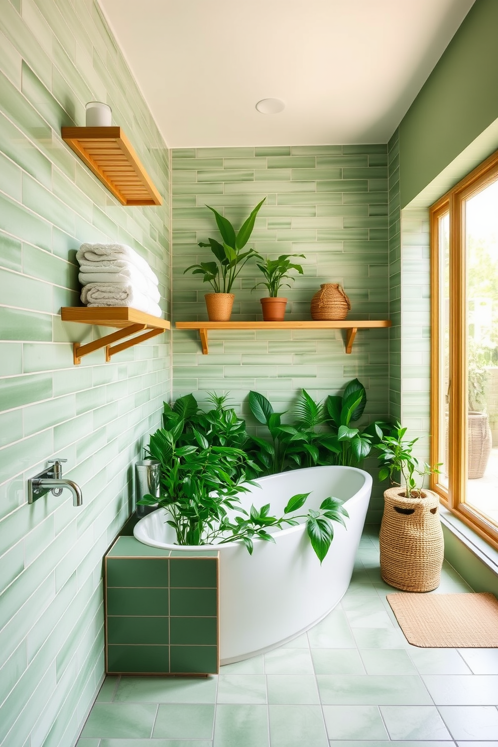 A serene green bathroom featuring bamboo accents that harmonize with the overall color scheme. The walls are adorned with soft green tiles, while bamboo shelves hold neatly arranged towels and decorative plants. The bathtub is surrounded by lush greenery, creating a tranquil oasis. Natural light filters through a large window, enhancing the calming atmosphere of this green sanctuary.