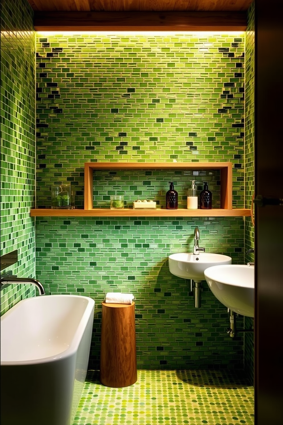 A serene bathroom oasis featuring vibrant green mosaic tiles that create an artistic flair. The space is adorned with sleek fixtures and natural wood accents, providing a perfect balance of style and tranquility. Soft lighting illuminates the room, highlighting the intricate patterns of the mosaic tiles. A minimalist wooden shelf displays carefully curated decor, enhancing the overall aesthetic of the green bathroom design.