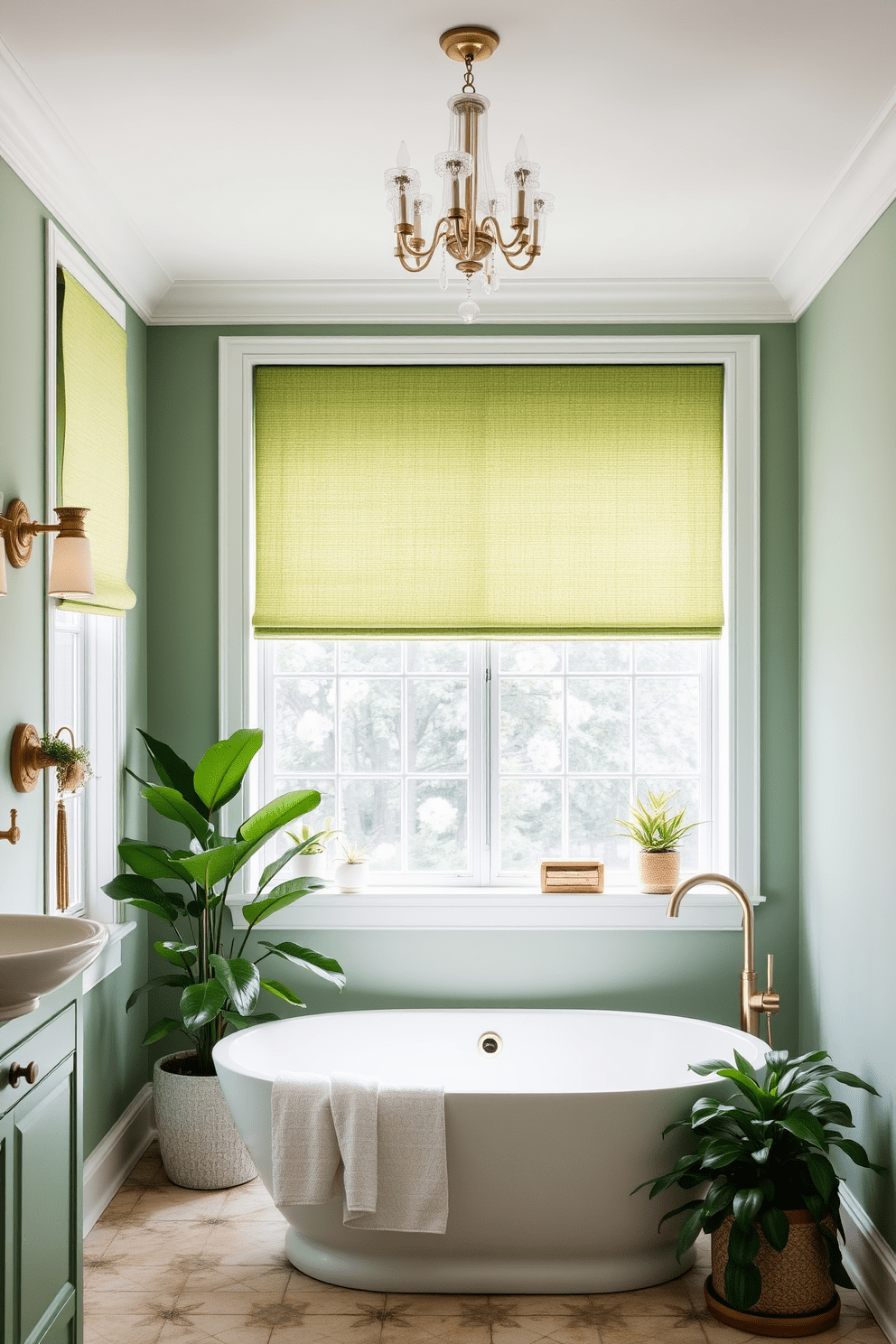 A serene bathroom oasis featuring soft green window treatments that gently filter light while ensuring privacy. The walls are adorned with subtle green hues, complemented by elegant fixtures and natural textures throughout the space. Incorporate lush greenery with potted plants that enhance the calming atmosphere. Consider a freestanding soaking tub surrounded by minimalist decor to create a tranquil retreat.