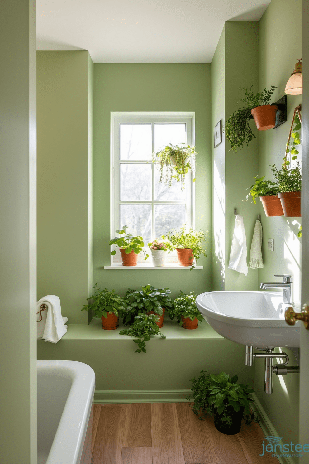 A serene bathroom setting featuring a lush herb garden integrated into the design. The walls are painted in soft green tones, creating a refreshing ambiance complemented by natural light streaming through a large window. Planters filled with fresh herbs like basil, mint, and rosemary are strategically placed on the windowsill and hanging from wall-mounted shelves. The flooring is a light-colored wood, adding warmth to the space while maintaining a clean and modern aesthetic.