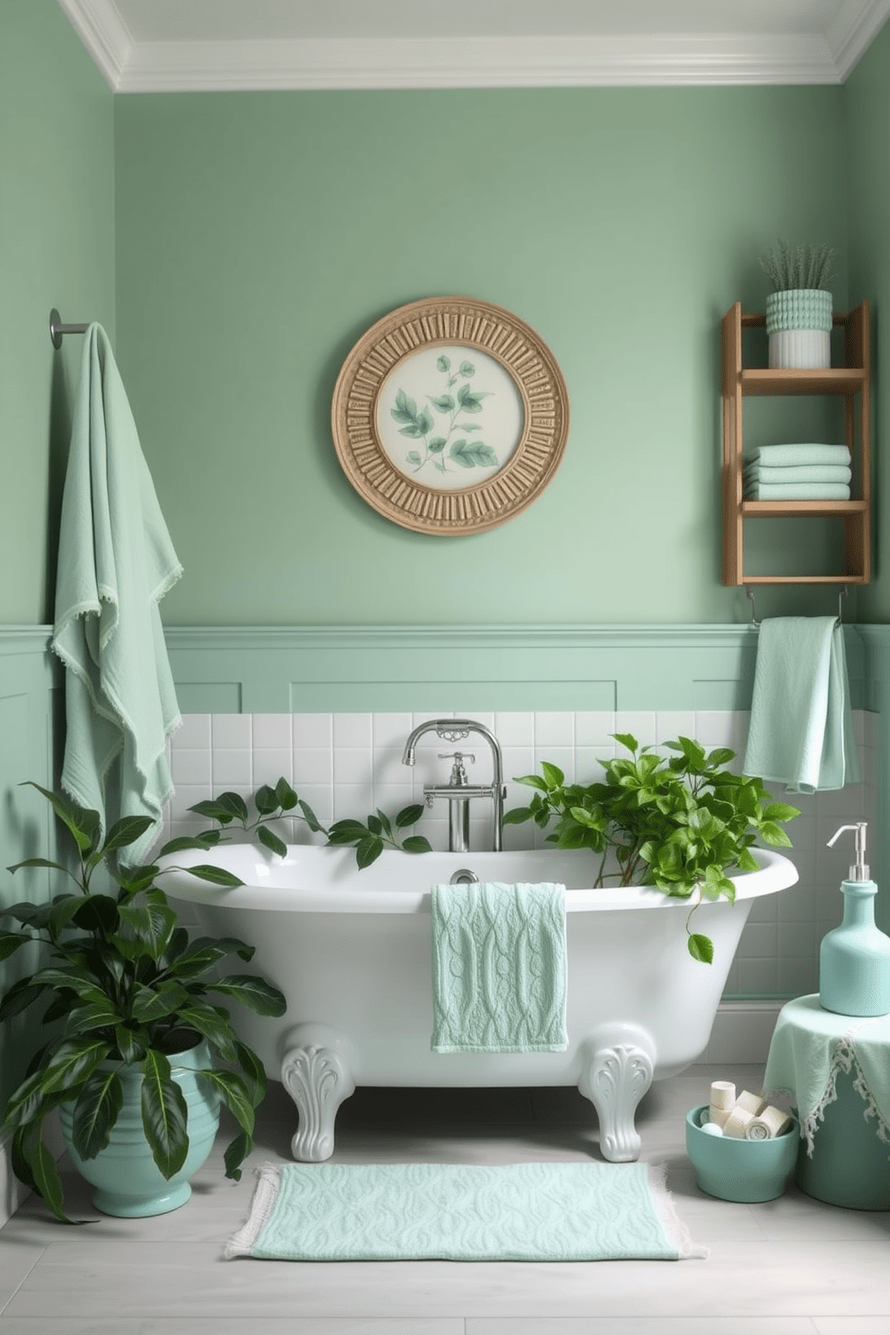 A serene bathroom setting featuring mint accents throughout the decor and accessories. The walls are painted in a soft green hue, complemented by mint-colored towels and decorative items. A freestanding bathtub sits in the center, surrounded by plants with lush green leaves. Elegant mint-colored accessories, such as a soap dispenser and a bath mat, enhance the overall tranquil atmosphere.