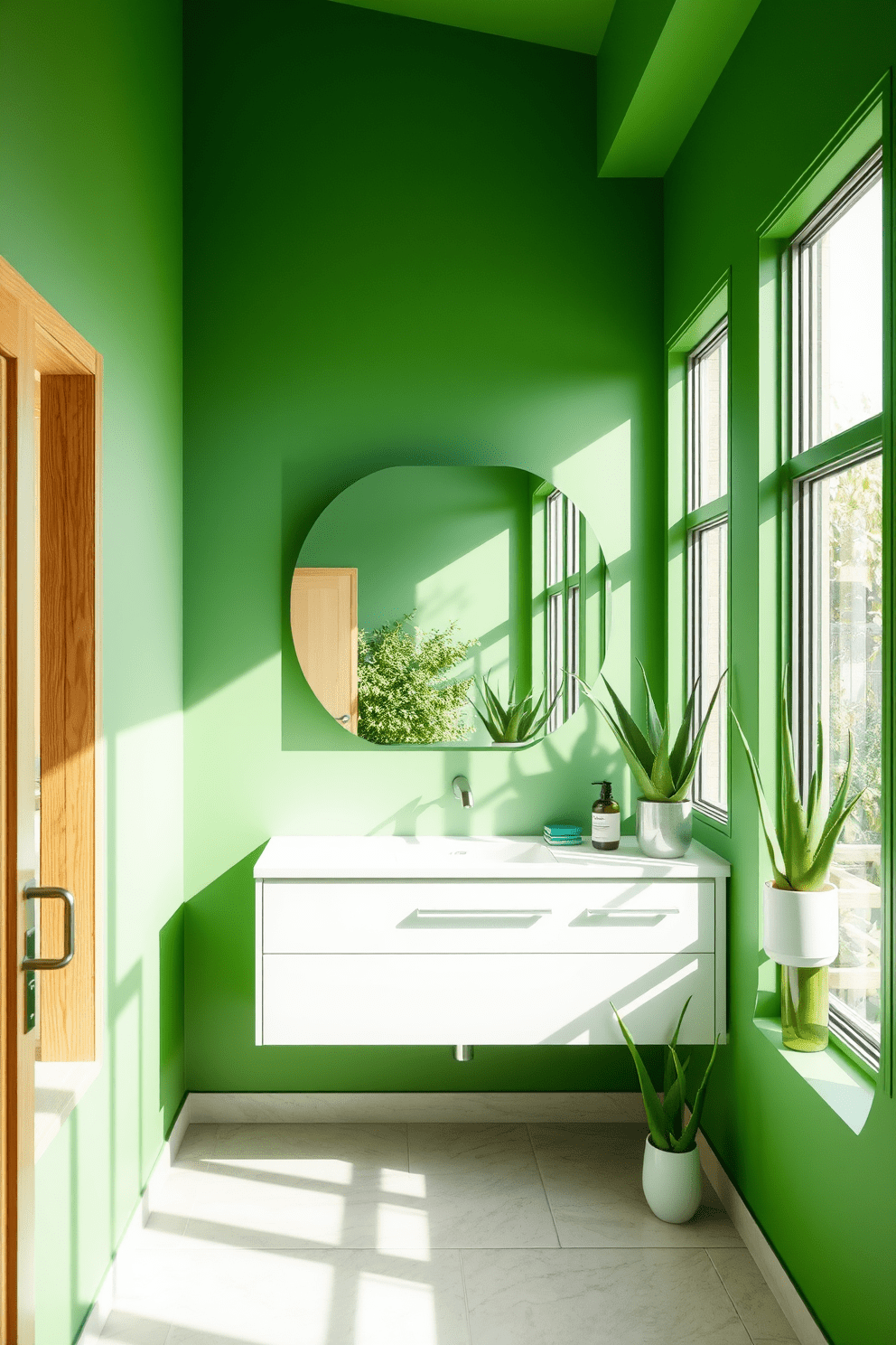 A serene green bathroom design featuring aloe vera plants strategically placed for air purification. The walls are painted in a soft green hue, complemented by natural wood accents and a sleek white vanity. Large windows allow ample natural light to illuminate the space, creating a refreshing and inviting atmosphere. The floor is adorned with light-colored tiles, enhancing the overall tranquility of the environment.