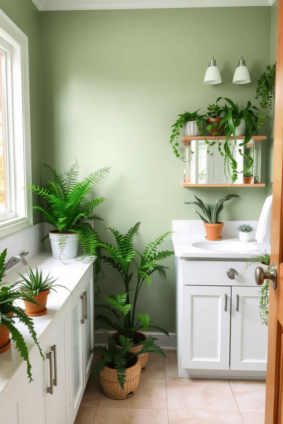 A serene green bathroom filled with potted plants that bring a touch of nature indoors. The walls are painted in a soft sage green, complemented by white cabinetry and natural wood accents. Lush ferns and succulents are strategically placed on shelves and countertops, creating a refreshing atmosphere. The floor features light-colored tiles that enhance the overall brightness of the space.