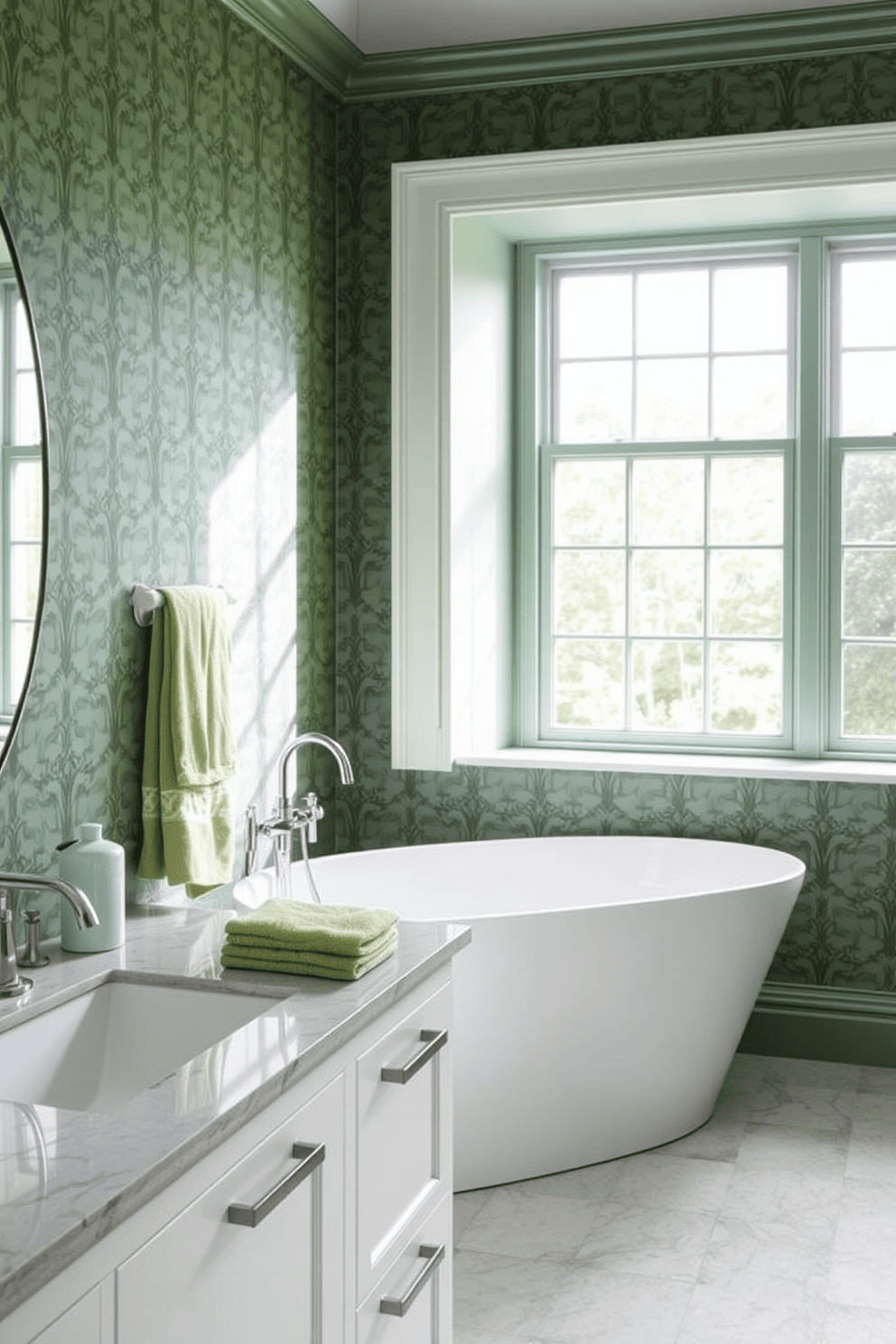 A serene green bathroom featuring patterned wallpaper that adds visual interest to the space. The design includes a freestanding bathtub with elegant chrome fixtures and a large window allowing natural light to flood the room. Complementing the wallpaper, a sleek white vanity with a marble top provides ample storage and a touch of luxury. Soft, plush towels in varying shades of green are neatly arranged on the vanity, enhancing the overall tranquil atmosphere.