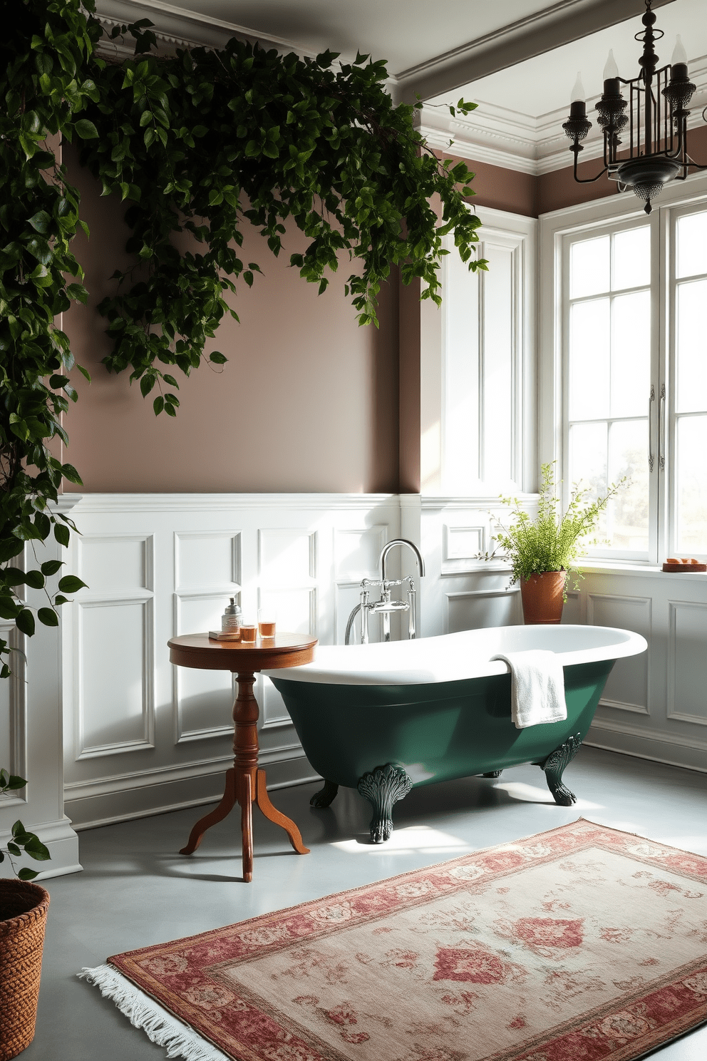 A luxurious bathroom featuring a clawfoot tub painted in deep green. The walls are adorned with elegant white wainscoting, and lush greenery accents the space, enhancing the serene atmosphere. Soft natural light pours in through a large window, illuminating a chic wooden side table next to the tub. A vintage-style rug in muted tones adds warmth to the floor, creating a cozy and inviting retreat.