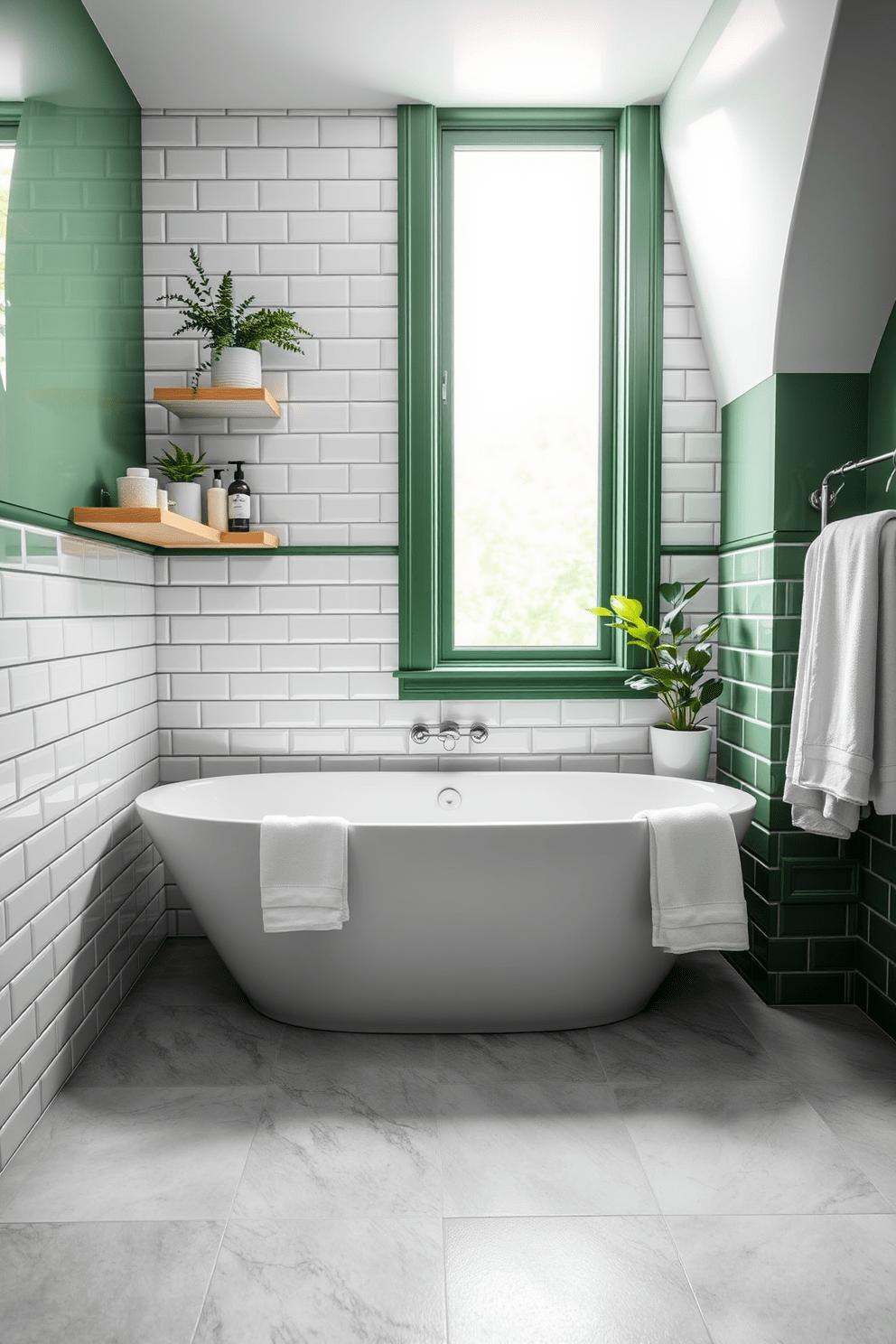 A stylish green bathroom featuring subway tiles with green grout accents. The walls are adorned with glossy white subway tiles, creating a fresh and modern look. The floor is covered in a light gray stone tile that complements the green tones. A sleek freestanding bathtub is positioned under a large window, allowing natural light to flood the space. A minimalist wooden shelf holds neatly arranged toiletries and plants, adding a touch of nature. Soft white towels are neatly hung on a stylish rack, enhancing the bathroom's inviting atmosphere.