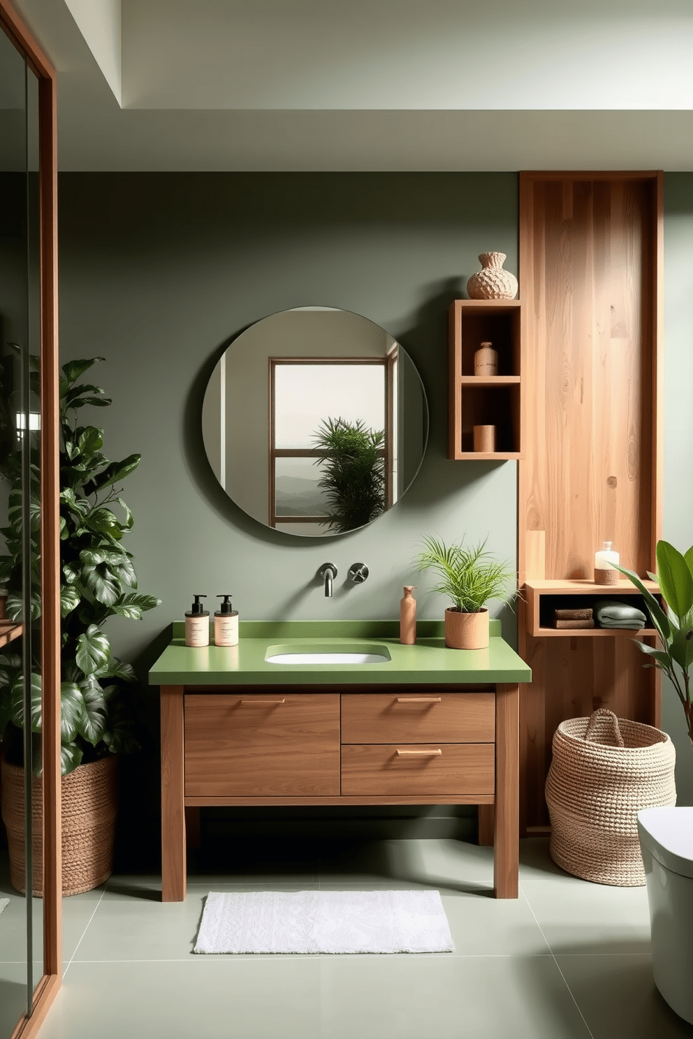 Natural wood elements complement the serene green tones in this bathroom design. The space features a wooden vanity with a sleek green countertop, surrounded by lush plants that enhance the organic feel. The walls are painted in a soft sage green, creating a calming atmosphere. Accents of natural wood, such as shelving and decorative elements, add warmth and texture to the overall design.