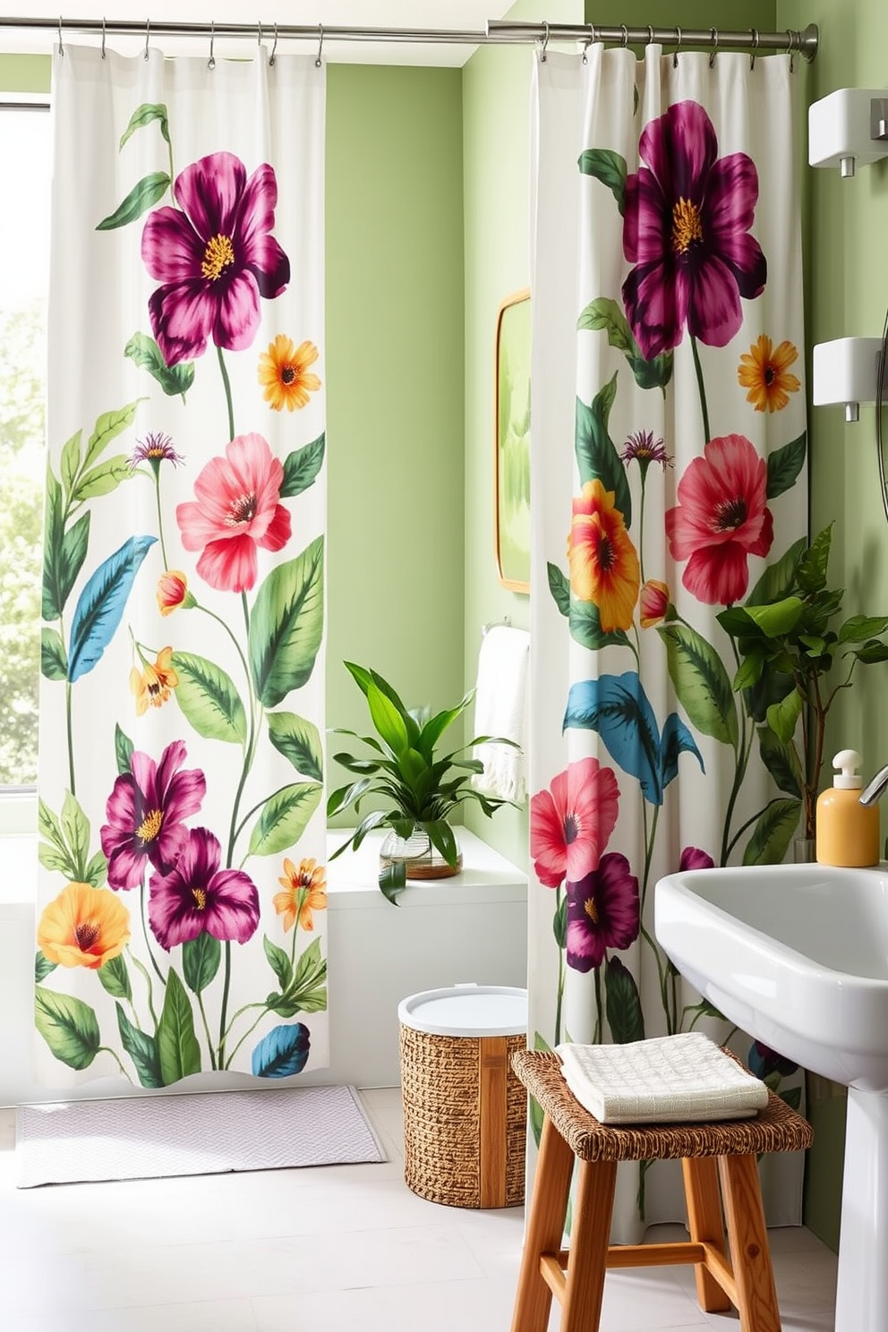 A serene bathroom featuring shower curtains adorned with vibrant botanical prints. The walls are painted in a soft green hue, complemented by natural wood accents and lush greenery throughout the space.