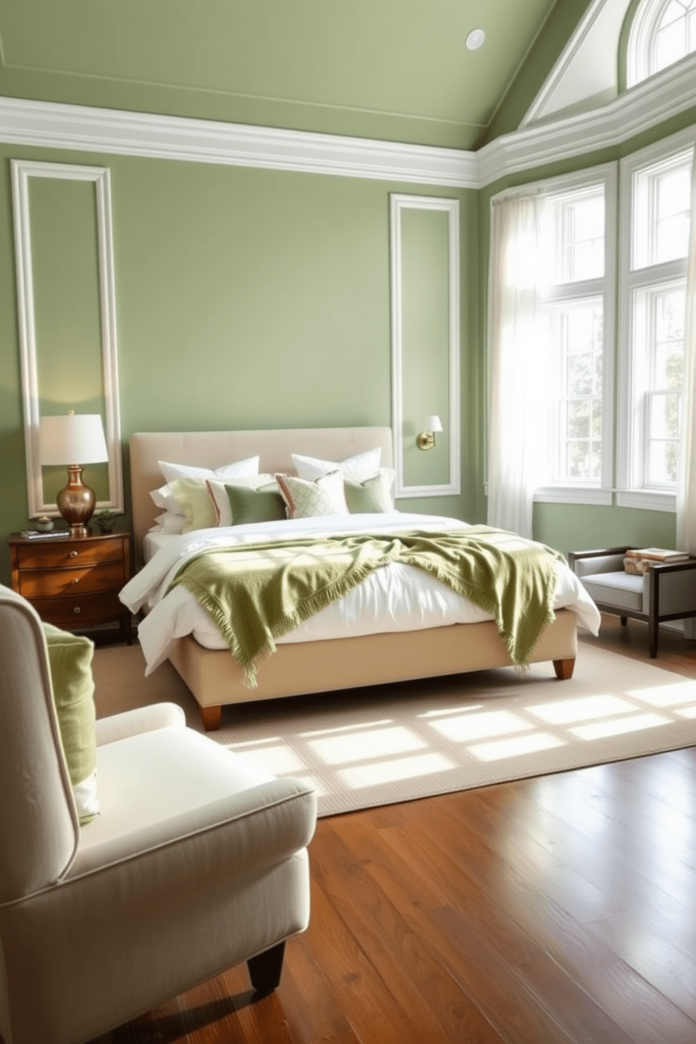 A serene green bedroom featuring a sage green accent wall complemented by crisp white trim. The room is adorned with a plush king-sized bed dressed in soft white linens and a cozy sage green throw blanket. Natural light floods the space through large windows adorned with sheer white curtains. A wooden nightstand on each side of the bed holds elegant lamps with soft, warm lighting. The floor is covered with a light-colored area rug that adds warmth and texture. A stylish armchair in the corner invites relaxation, accompanied by a small side table for books or drinks.