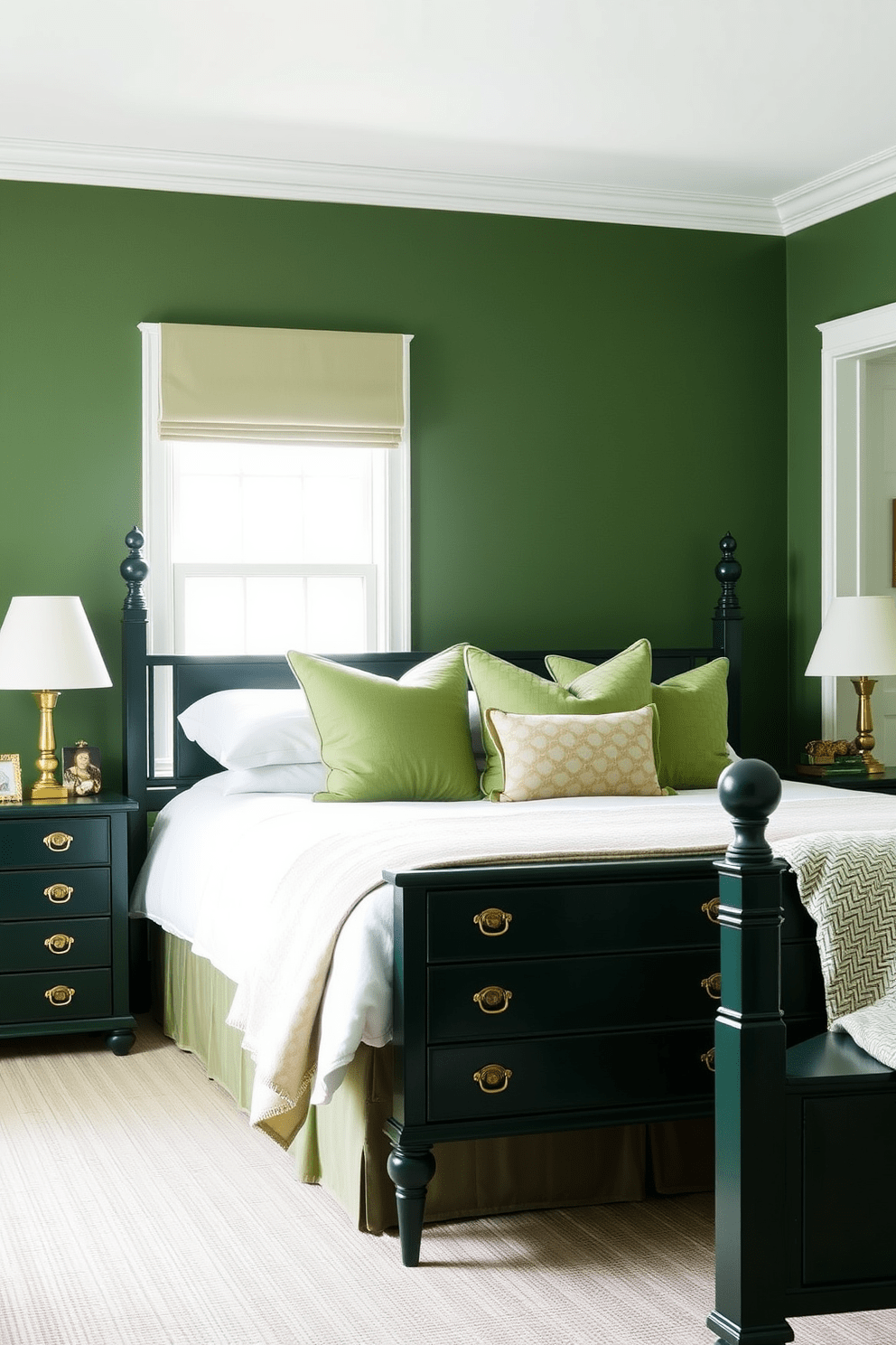 A serene green bedroom featuring dark green nightstands with elegant brass hardware. The walls are painted in a soft green hue, complemented by a plush white bedspread and decorative pillows in varying shades of green.