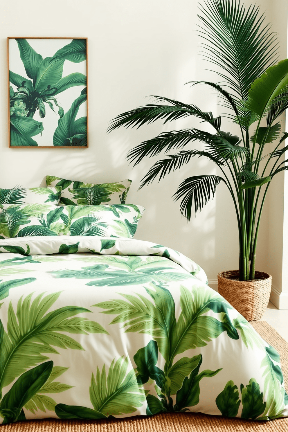 A tranquil bedroom setting featuring tropical green prints on bed linens. The walls are painted in a soft cream color, enhancing the vibrant greenery of the bedding. A large potted palm stands in the corner, adding a touch of nature to the space. The floor is adorned with a light woven rug that complements the overall tropical theme.