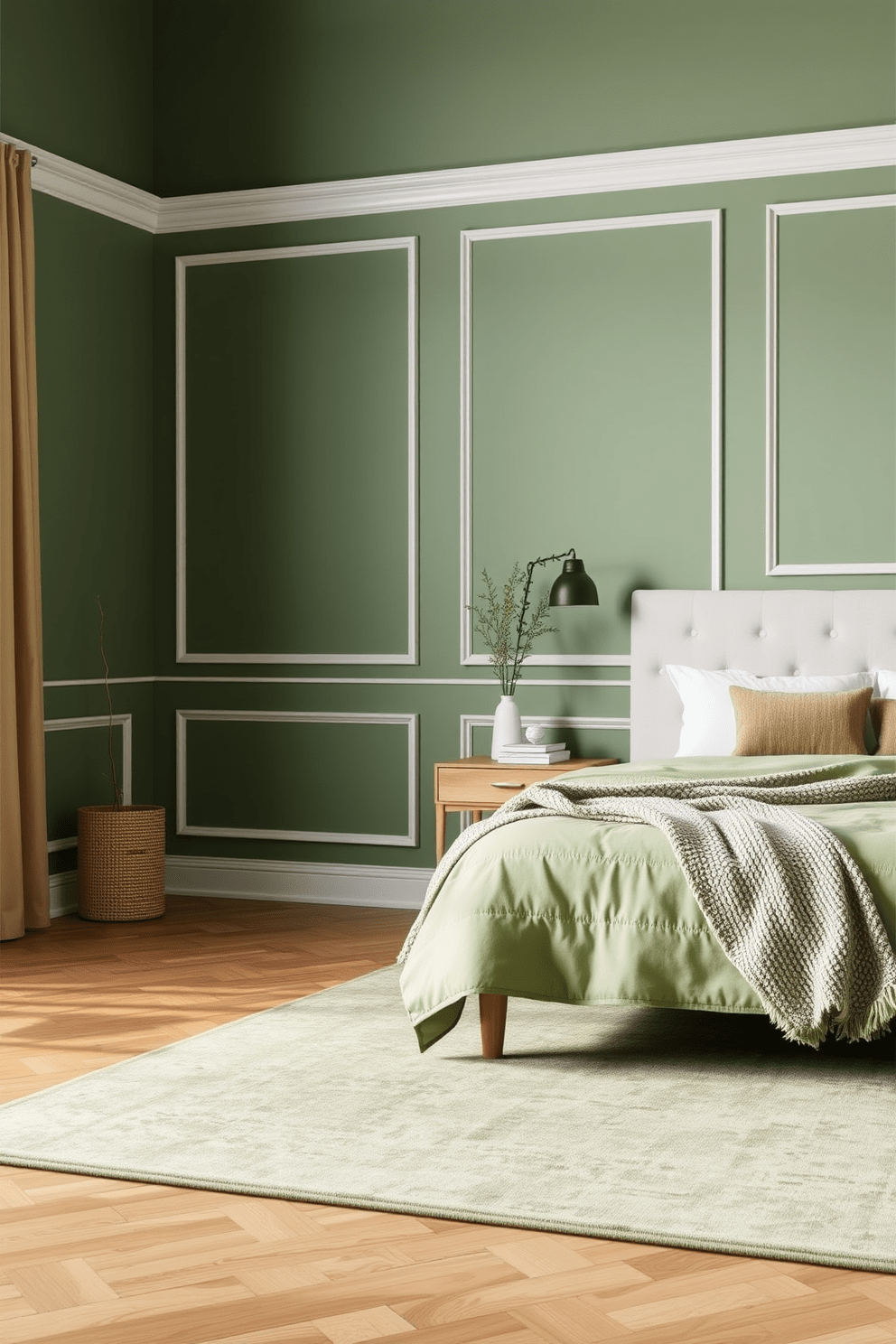 A serene green bedroom featuring a muted green area rug that adds a cozy touch to the space. The walls are painted in a soft green hue, complemented by white trim and natural wood accents for a calming atmosphere.