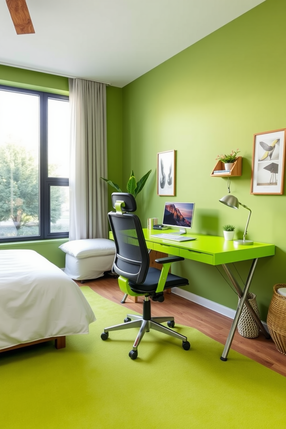 A vibrant lime green desk serves as a striking focal point in the room, adding a lively touch to the overall decor. The desk is paired with a comfortable ergonomic chair, creating a functional workspace that inspires creativity. The bedroom features soft green walls that promote a calming atmosphere, complemented by white bedding and natural wood accents. Large windows allow ample natural light to fill the space, enhancing the tranquil vibe of the room.