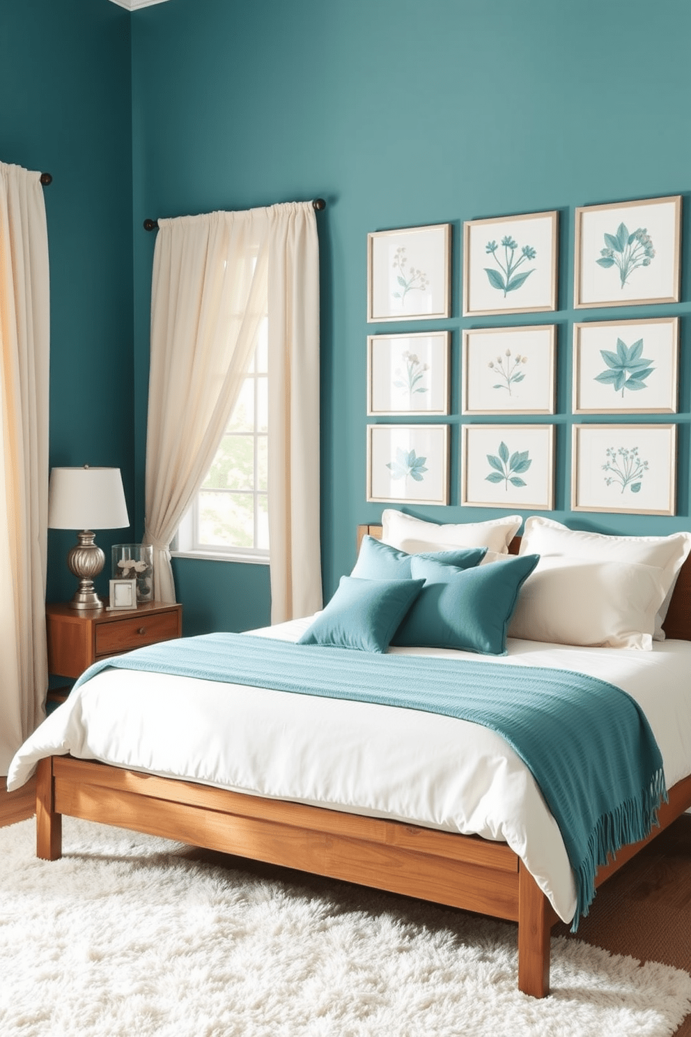 A serene bedroom setting featuring a teal accent wall paired with cream-colored bedding. The space includes a plush cream area rug under a wooden bed frame with teal throw pillows and a matching throw blanket. Natural light filters through sheer cream curtains, illuminating a wooden nightstand on one side with a decorative lamp. On the opposite wall, a gallery of framed botanical prints in teal and cream adds a touch of elegance to the room.