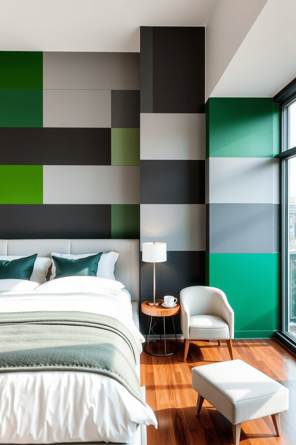 A modern bedroom featuring a striking green and gray color block wall design that creates a bold focal point. The walls are complemented by sleek furniture in neutral tones and plush bedding that invites relaxation. The room includes a cozy reading nook with a comfortable armchair and a small side table, perfect for enjoying a morning coffee. Large windows allow natural light to flood the space, enhancing the serene atmosphere.