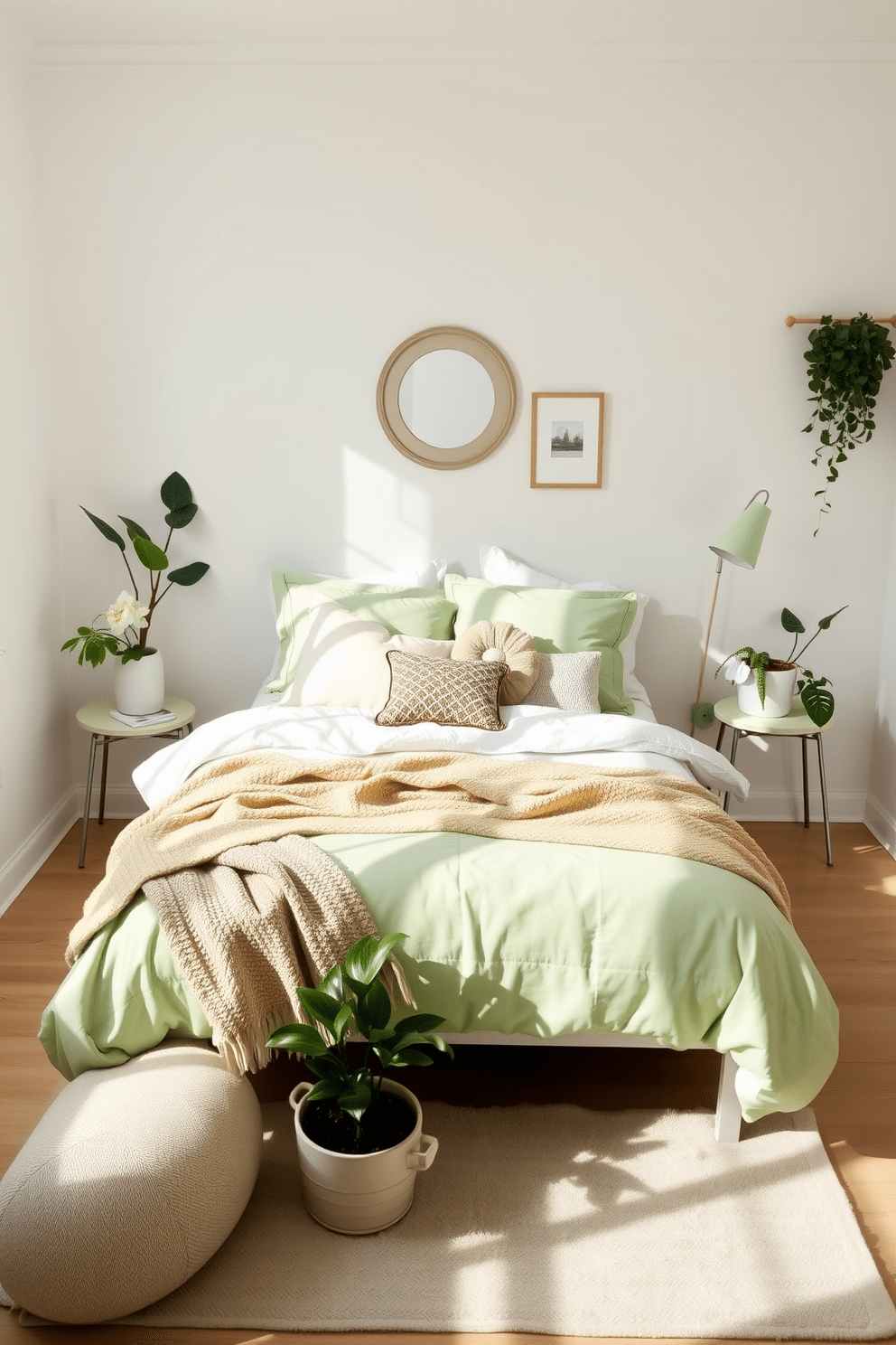 A serene bedroom adorned with pastel green accessories that evoke a fresh and calming vibe. The walls are painted in a soft white, allowing the pastel green accents to stand out beautifully. The bedding features a mix of pastel green and white pillows, complemented by a cozy throw blanket. A stylish rug in a light shade anchors the space, while potted plants add a touch of nature to the room.