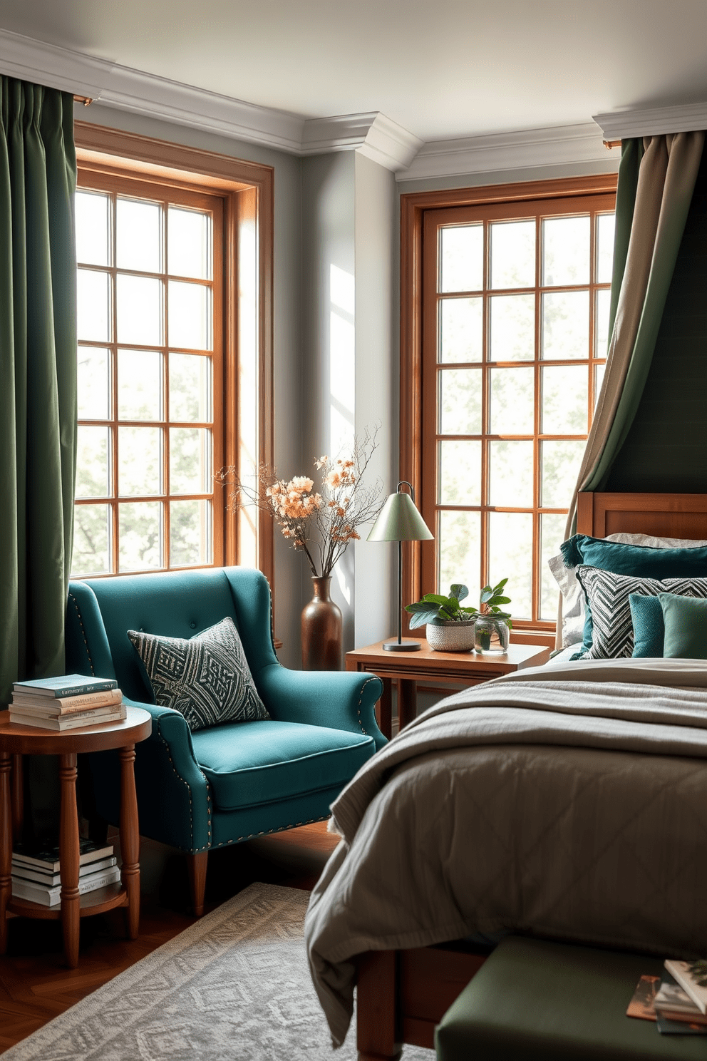 A cozy reading nook features a jade green accent chair positioned next to a large window with soft natural light streaming in. A small wooden side table holds a stack of books and a steaming cup of tea, creating an inviting atmosphere for relaxation. The green bedroom design incorporates soft, muted tones with jade green accents throughout. A plush bed with layered bedding and decorative pillows complements the warm wooden furniture and a stylish area rug.