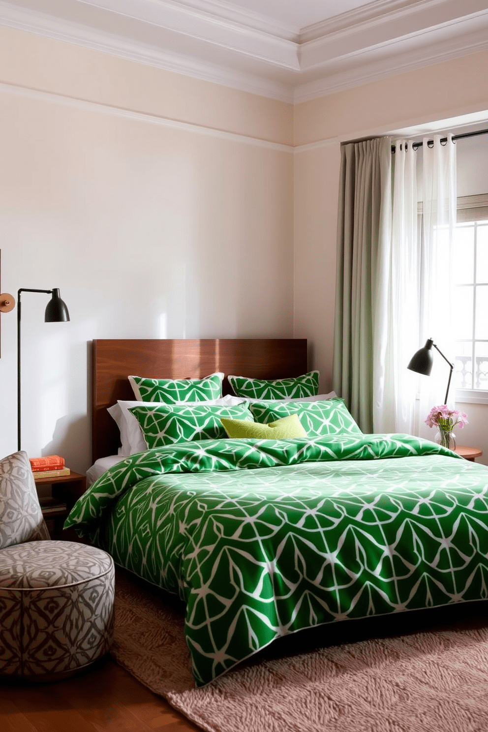 A serene bedroom setting featuring bold green geometric patterns on the bedding. The walls are painted in a soft neutral tone to complement the vibrant bedding design. A stylish headboard in a rich wood finish adds warmth to the space. Natural light filters through sheer curtains, illuminating the room's modern decor elements.