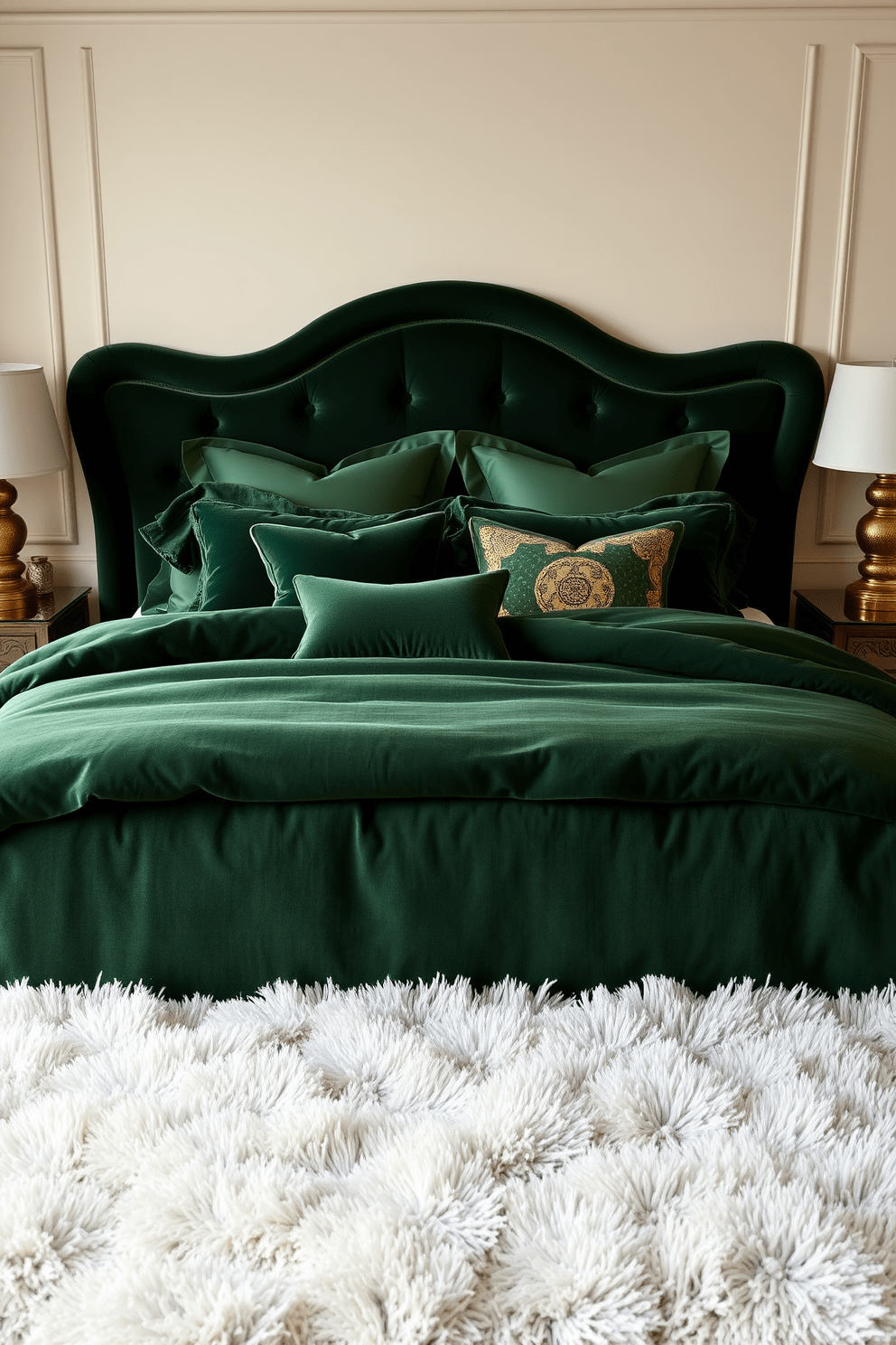 A luxurious green bedroom featuring dark green velvet bedding that exudes elegance and comfort. The walls are painted in a soft cream color, providing a beautiful contrast to the rich bedding and creating a serene atmosphere. Incorporate gold accents through decorative pillows and a stylish bedside lamp. A plush area rug in a lighter shade complements the bedding while enhancing the overall opulence of the space.