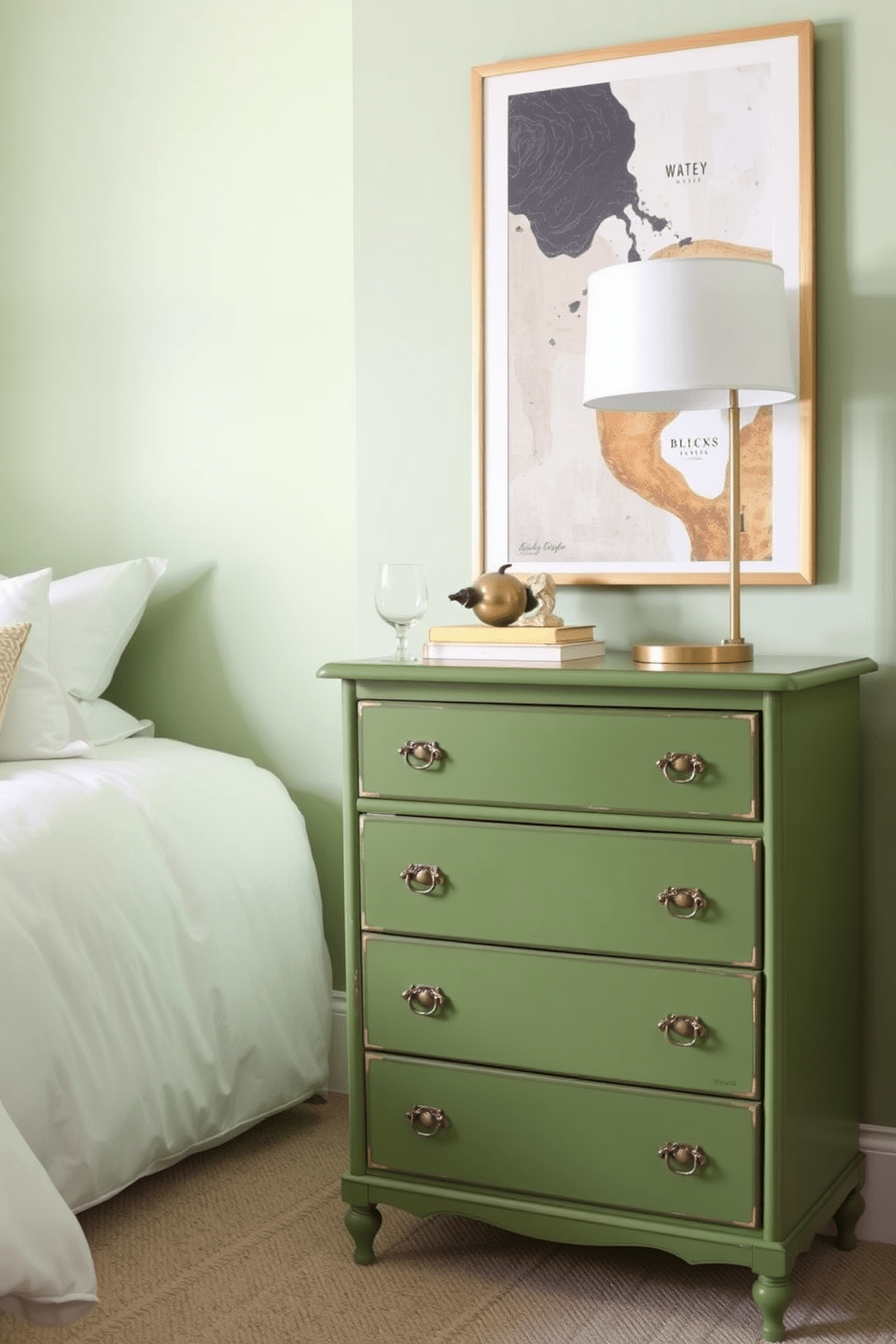 A vintage green dresser stands against the wall, adorned with modern decor elements like a sleek lamp and abstract art. The room features soft green walls complemented by white bedding and gold accents, creating a harmonious blend of vintage and contemporary styles.