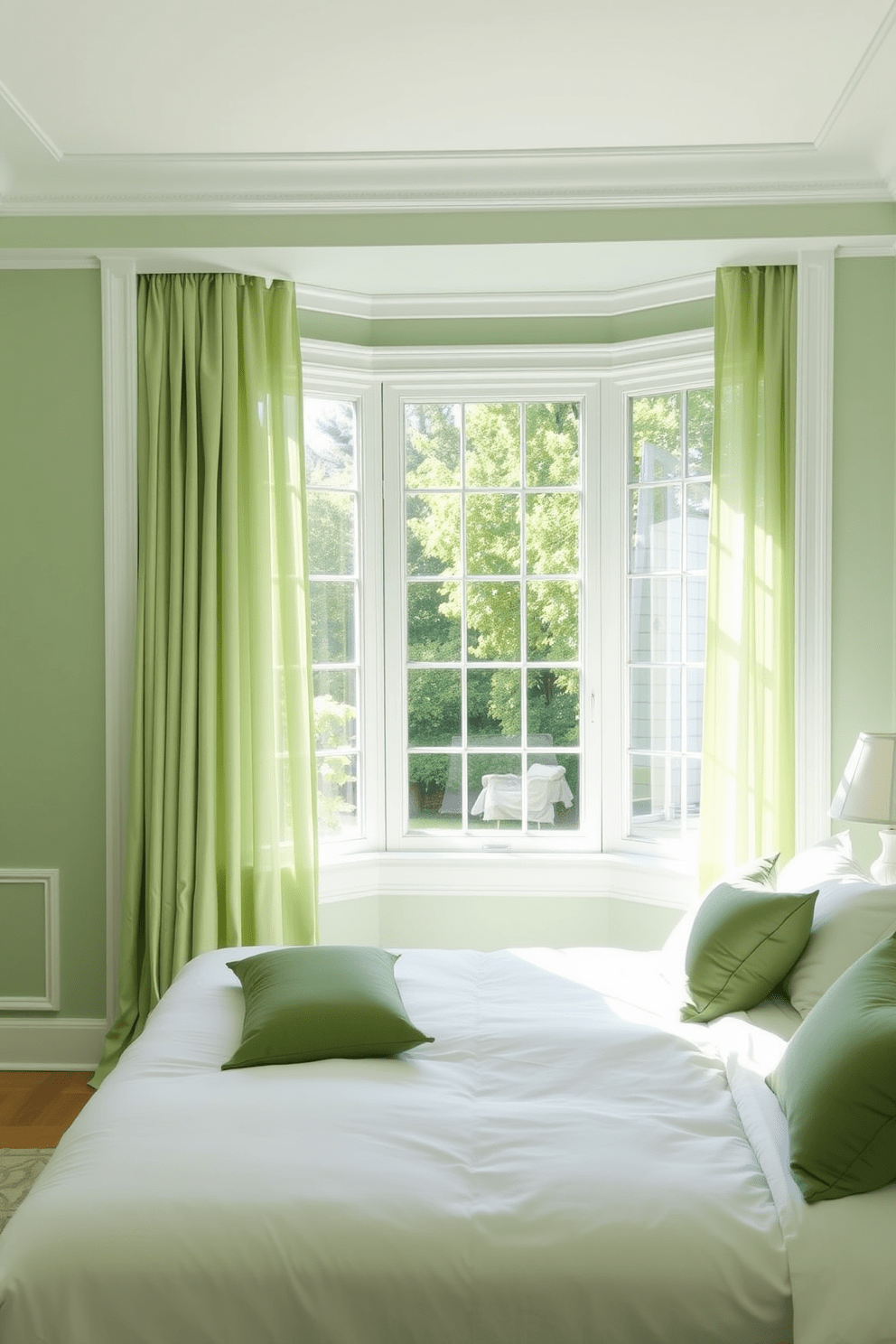 A serene green bedroom filled with natural light. Soft green curtains with sheer overlays frame a large window, creating an inviting atmosphere. The walls are painted in a light pastel green, complemented by white trim. A plush bed with crisp white linens and green accent pillows is the focal point of the room.