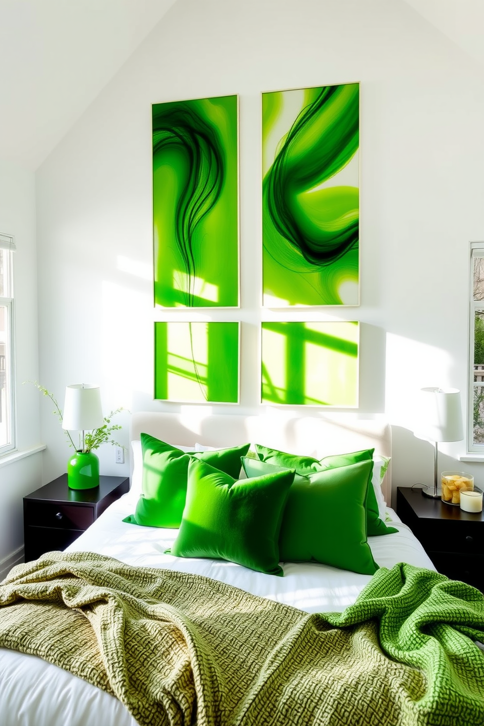 Bright green art pieces create a stunning focal point in a serene bedroom. The walls are painted in soft white, allowing the vibrant green accents to pop beautifully. The bedding features various shades of green, complemented by plush pillows and a textured throw. Natural light streams in through large windows, enhancing the room's fresh and inviting atmosphere.