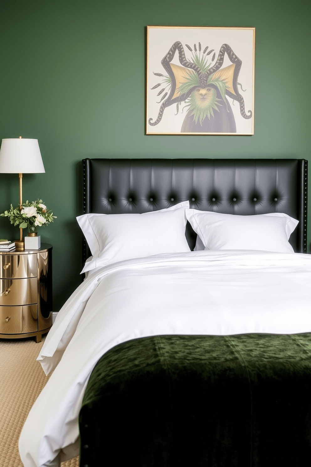 A sophisticated green bedroom featuring a dark green leather headboard that adds a touch of luxury. The walls are painted in a soft green hue, complemented by crisp white bedding and elegant gold accents throughout the space.