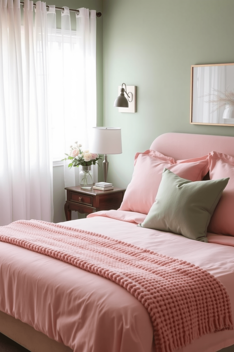 A serene bedroom featuring sage green walls paired with blush pink accents throughout the decor. The bed is dressed in blush pink linens, complemented by sage green throw pillows and a cozy knit blanket at the foot. Natural light floods the room through sheer white curtains, enhancing the calming atmosphere. A stylish wooden nightstand holds a small vase of fresh flowers, adding a touch of elegance to the space.